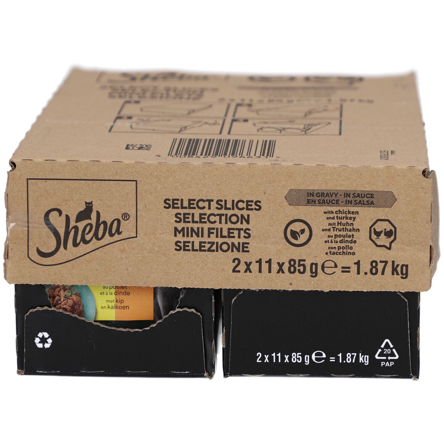 Emballage Sheba Finesse Hühnermousse. Forme octogonale, nom du produit et chat. Texte: au poulet, met kip, 85g.