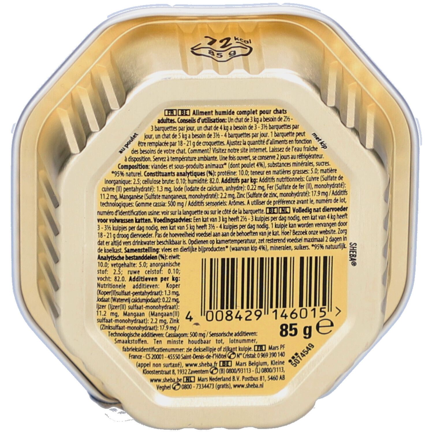 Dos de l'emballage Sheba Finesse Hühnermousse. Texte avec ingrédients, informations nutritionnelles et fabricant.