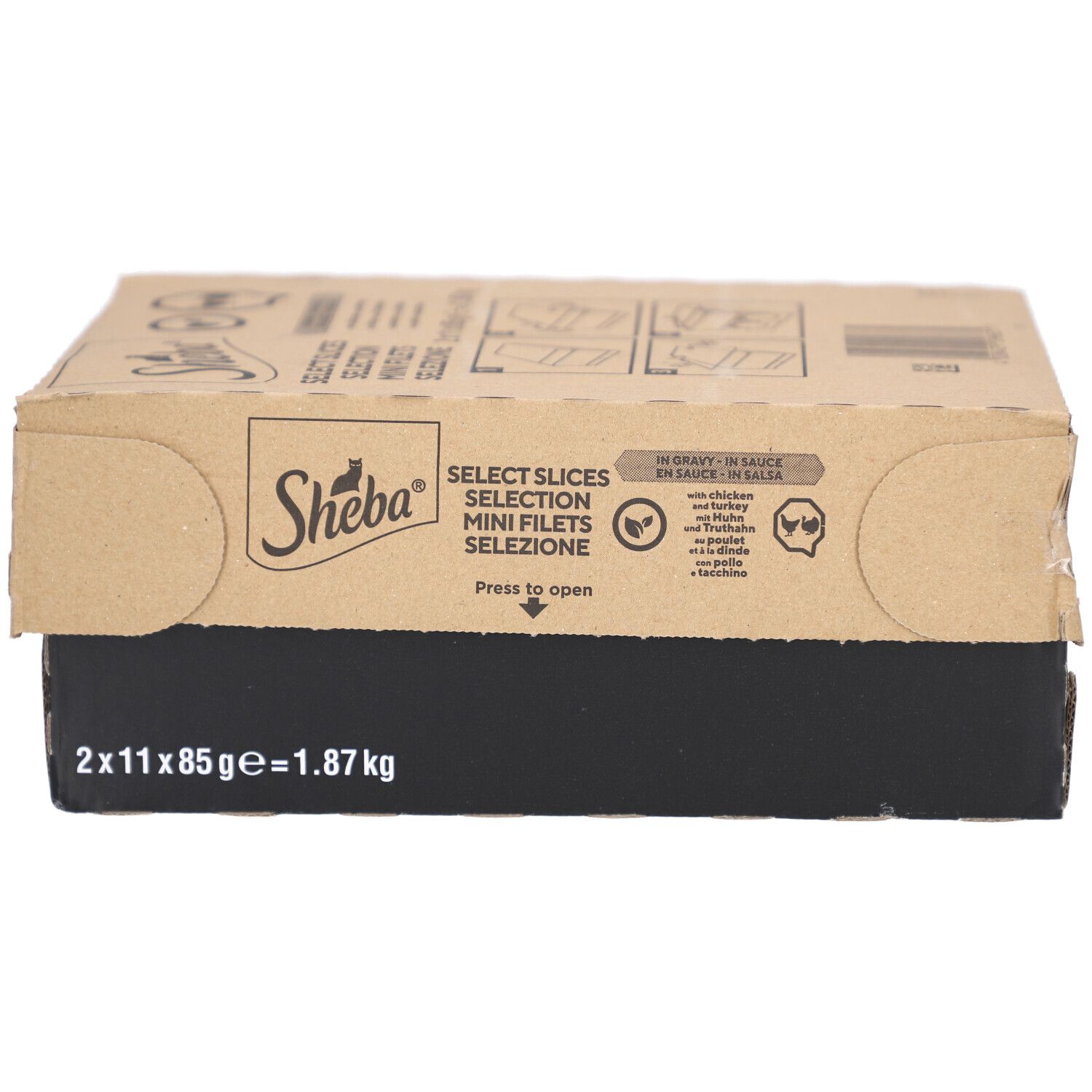 Emballage en carton avec logo Sheba. Inscription: Select Slices, Mini Filets. Contient 2x11x85g = 1,87 kg.