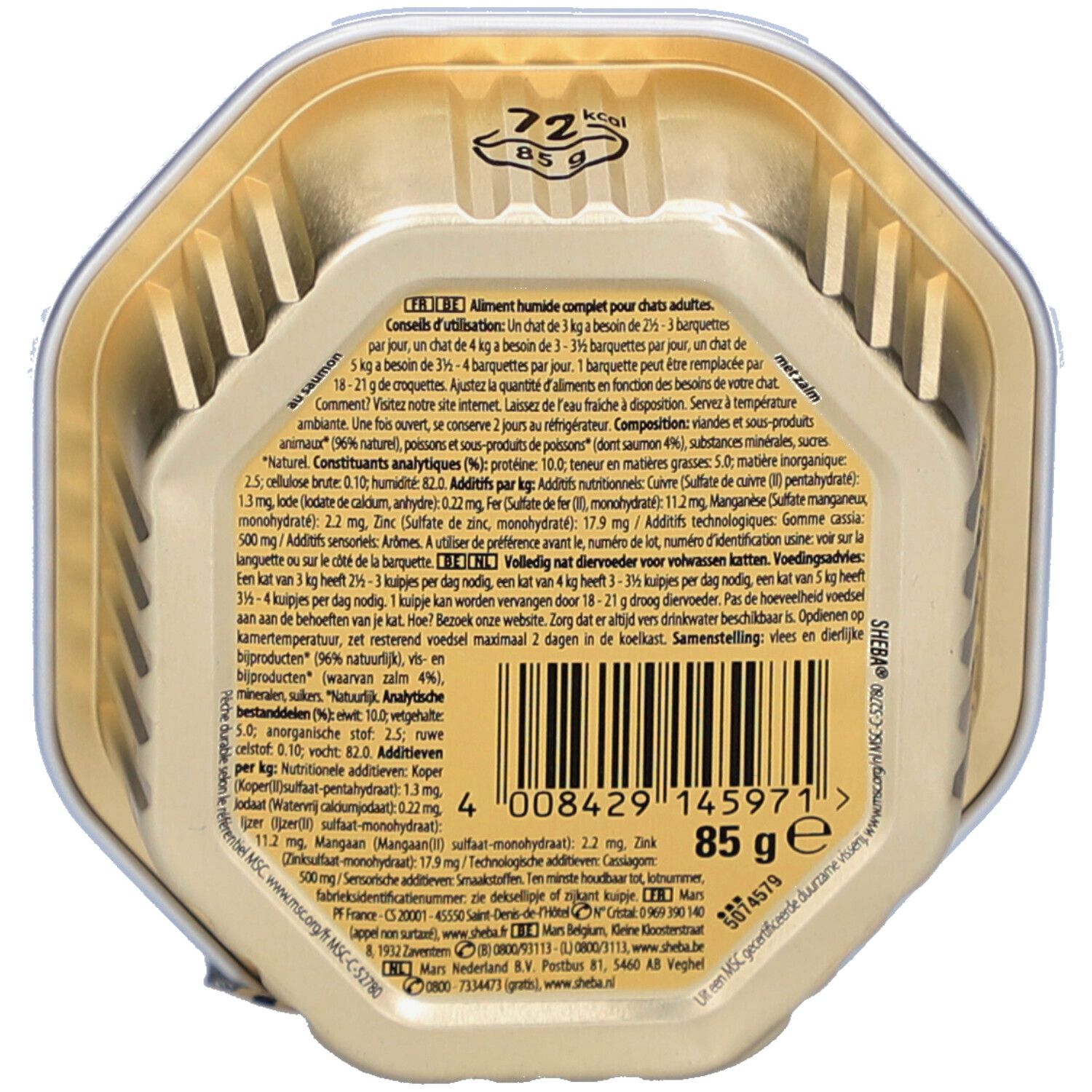 Achterkant verpakking Sheba Finesse Mousse. Tekst, barcode, voedingswaarde, fabrikant informatie.