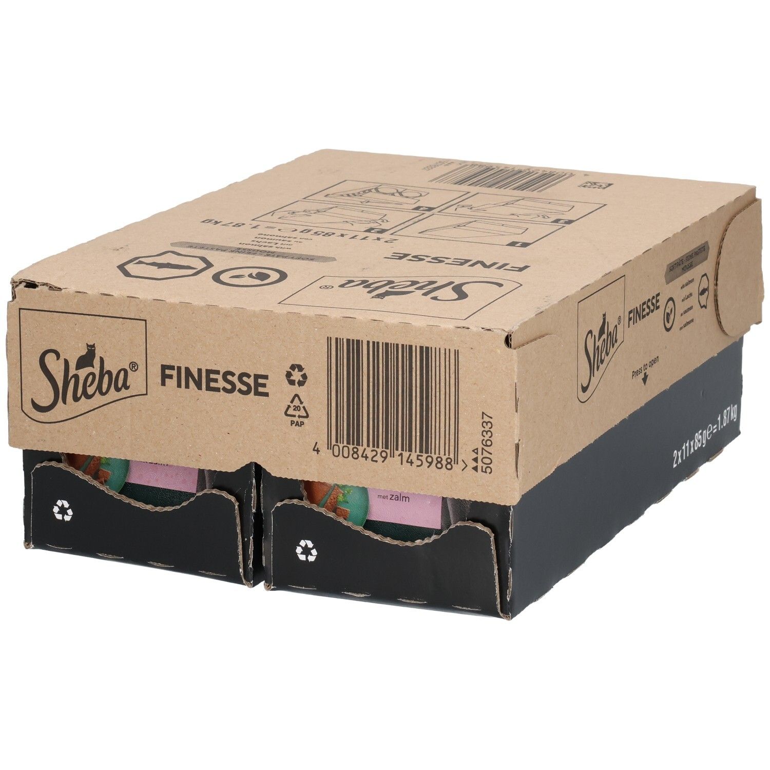 Doos Sheba Finesse zalmmousse. 2x11x85g. Totaal gewicht 1,87 kg. Met barcode.