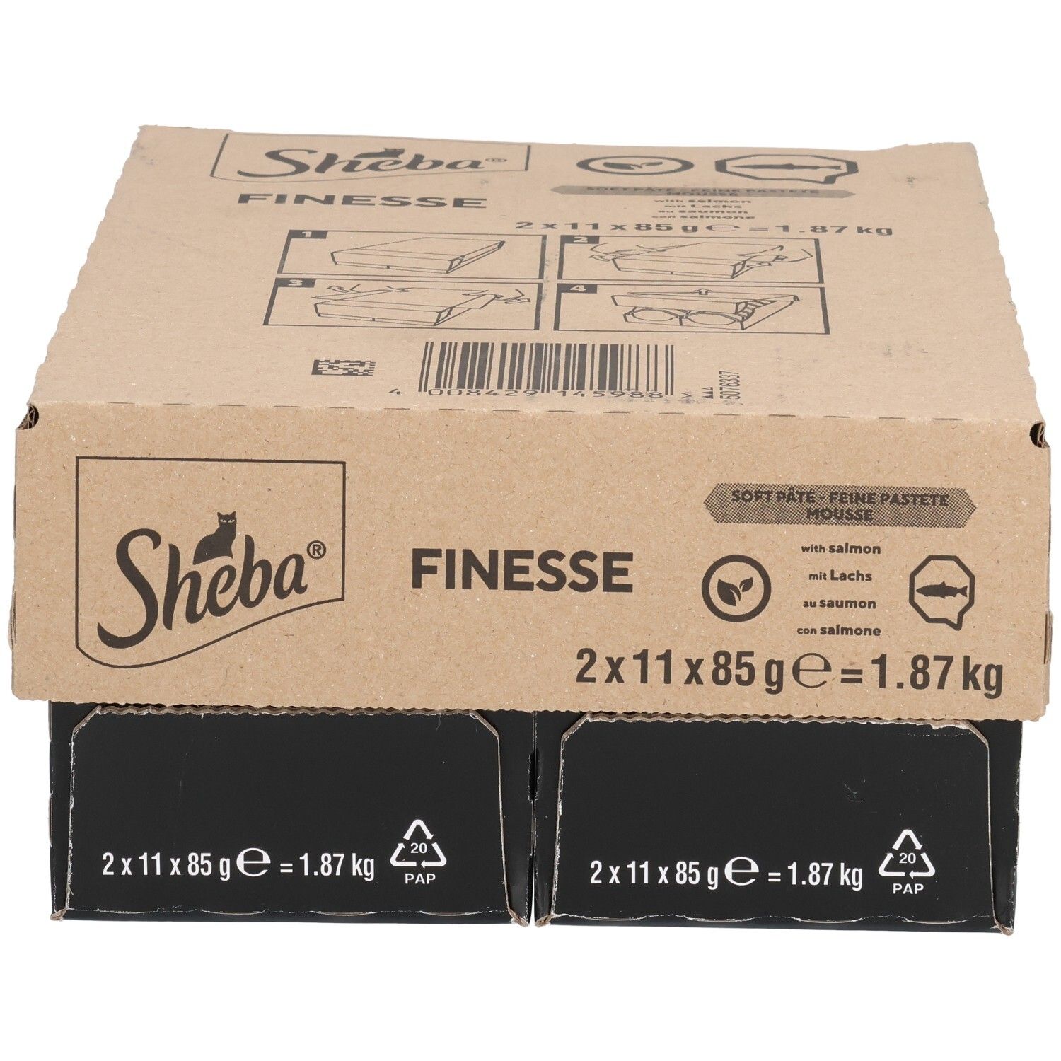 Doos Sheba Finesse zalmmousse. 2x11x85g. Totaal gewicht 1,87 kg. Bruine en zwarte verpakking.