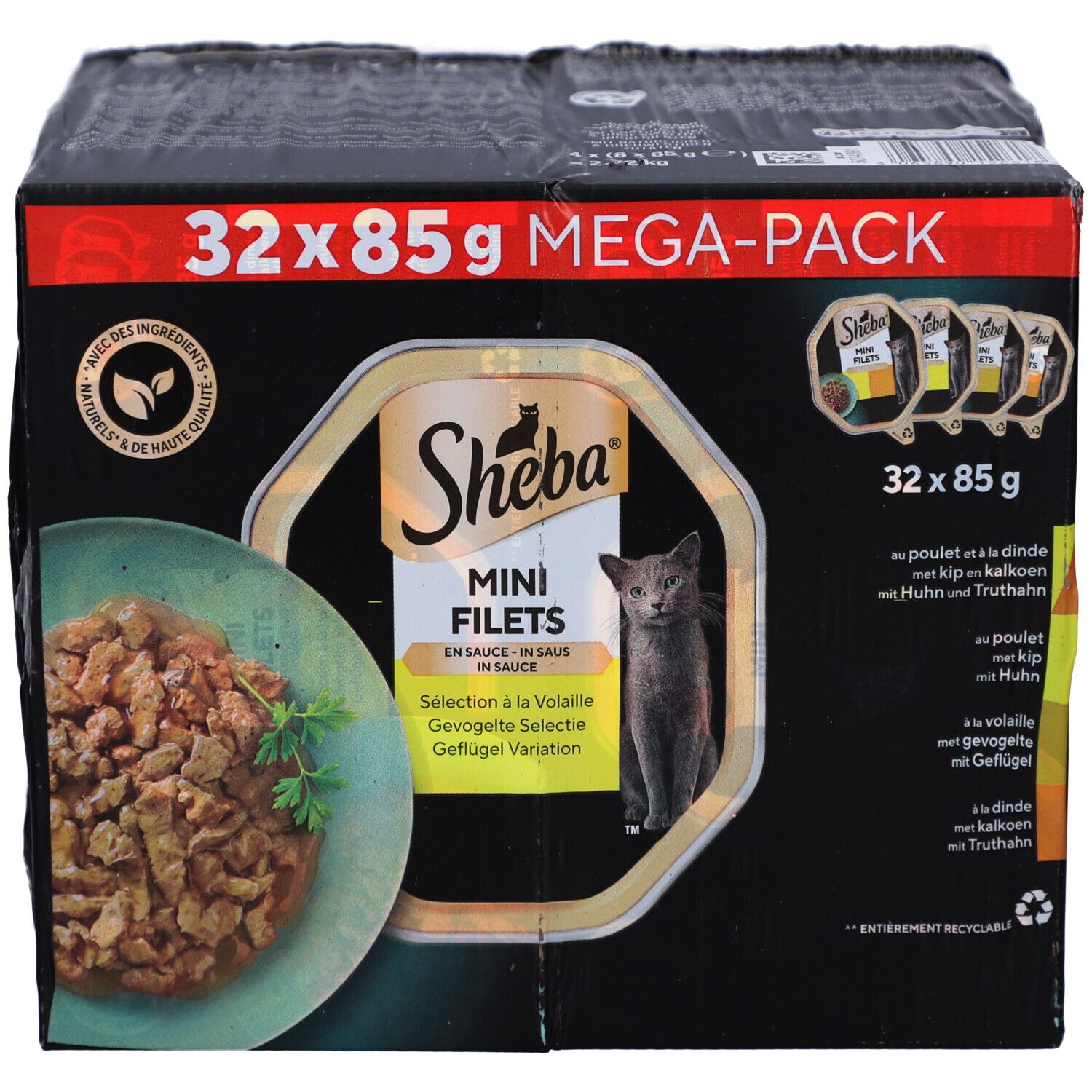 Boîte noire avec 32 sachets de nourriture pour chats. Inscription: Sheba Mini Filets, chat, 32x85g Mega-Pack.