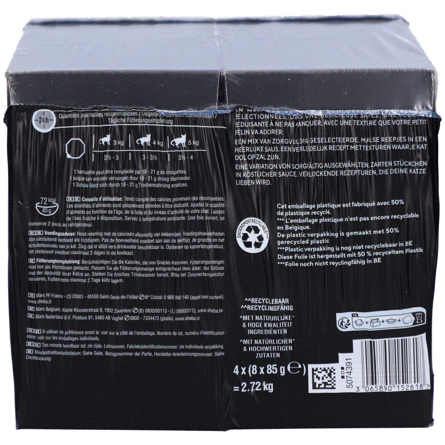 Dos de l'emballage en carton noir avec texte et symboles de recyclage. Contient 4x85g sachets.