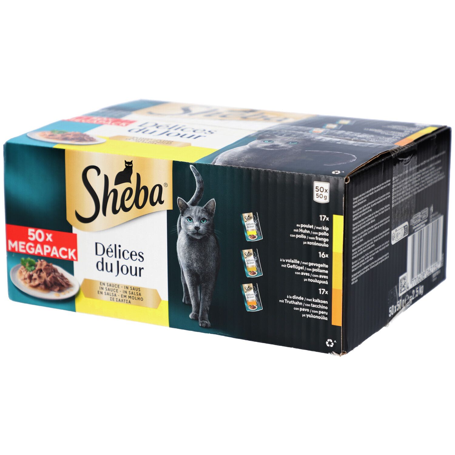 Boîte Sheba Délices du Jour, méga-pack de 50. Chat sur l'emballage. Texte: En sauce, in salsa, em molho, saus.