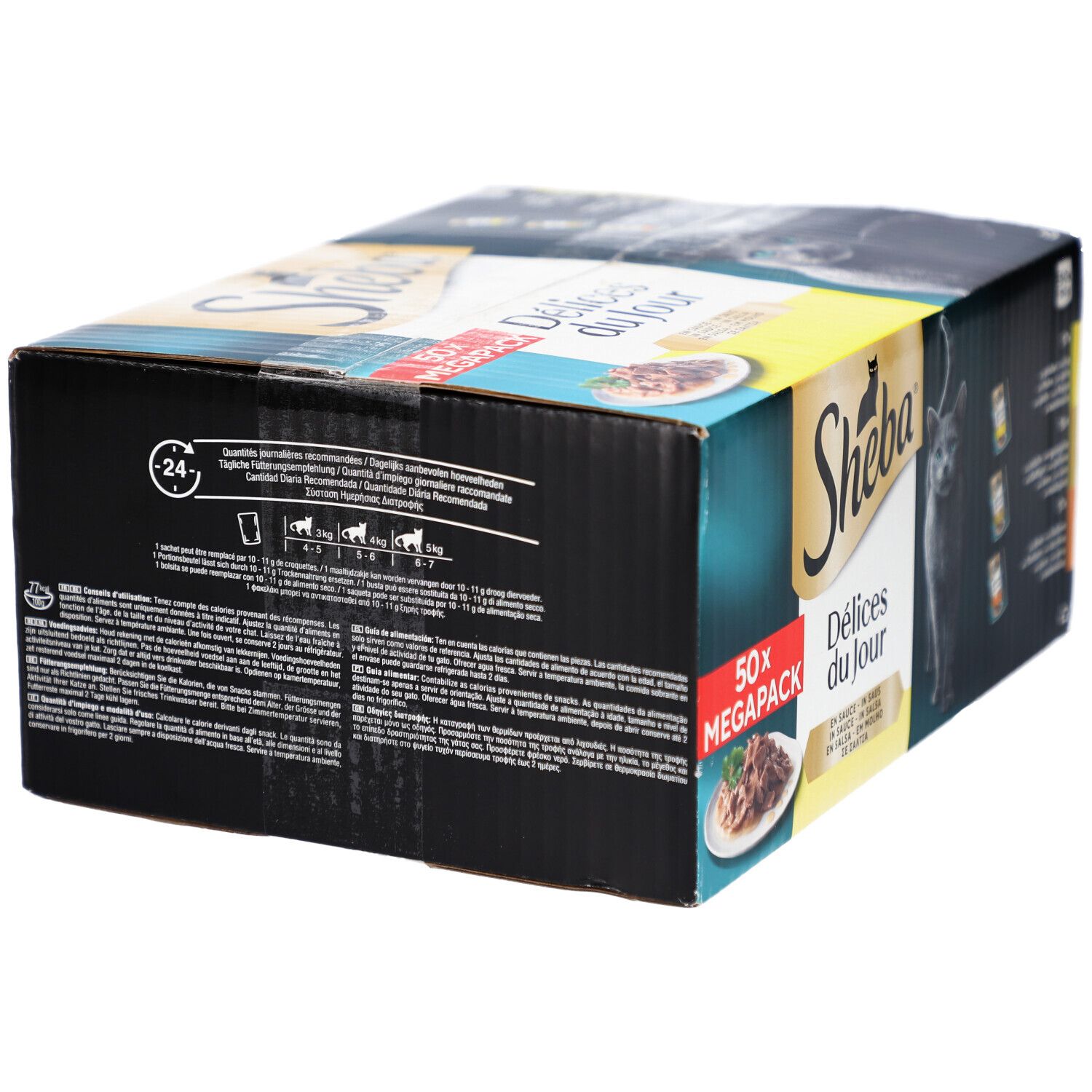 Dos de l'emballage Sheba Délices du Jour. Texte: 50x Méga-pack, informations sur les ingrédients et la valeur nutritionnelle.