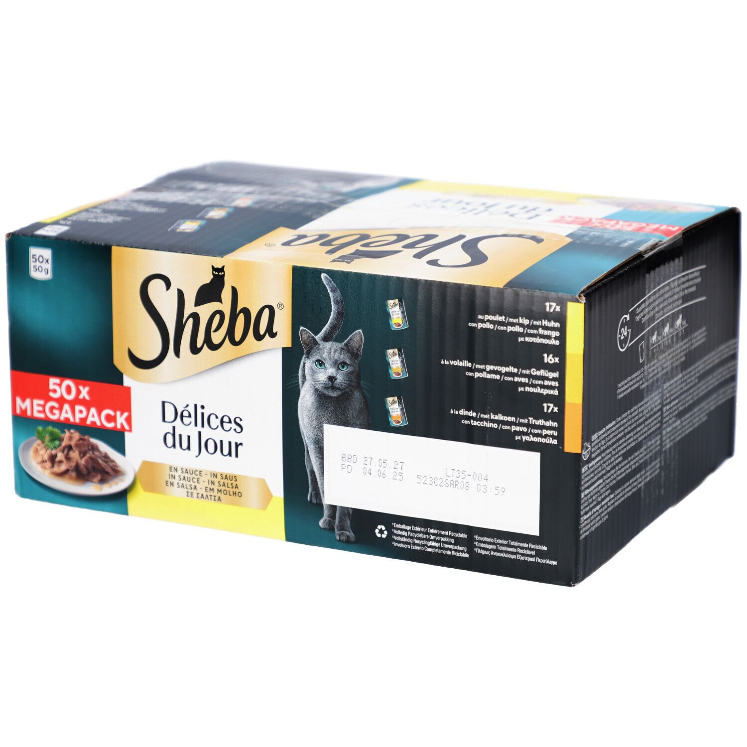 Boîte Sheba Délices du Jour, méga-pack de 50. Chat sur l'emballage. Texte: En sauce, in salsa, em molho, saus. Étiquette DLC.
