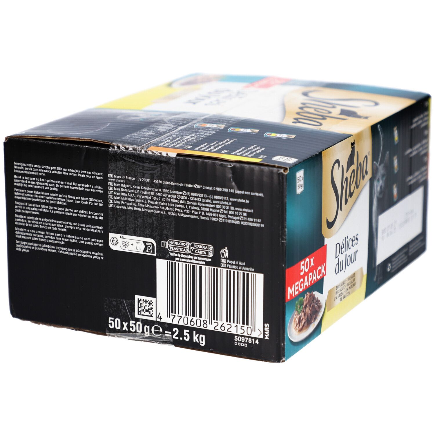Dos de l'emballage Sheba Délices du Jour. Texte: 50x50g, 2,5 kg. Code-barres et autres informations.