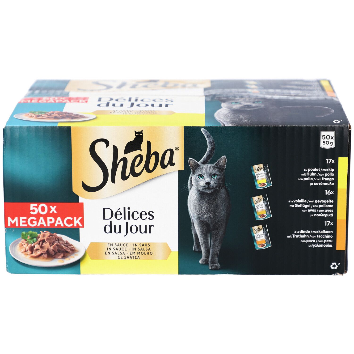 Sheba Délices du Jour, méga-pack de 50. Chat sur l'emballage. Texte: En sauce, in salsa, em molho, saus. 17x, 16x, 17x.