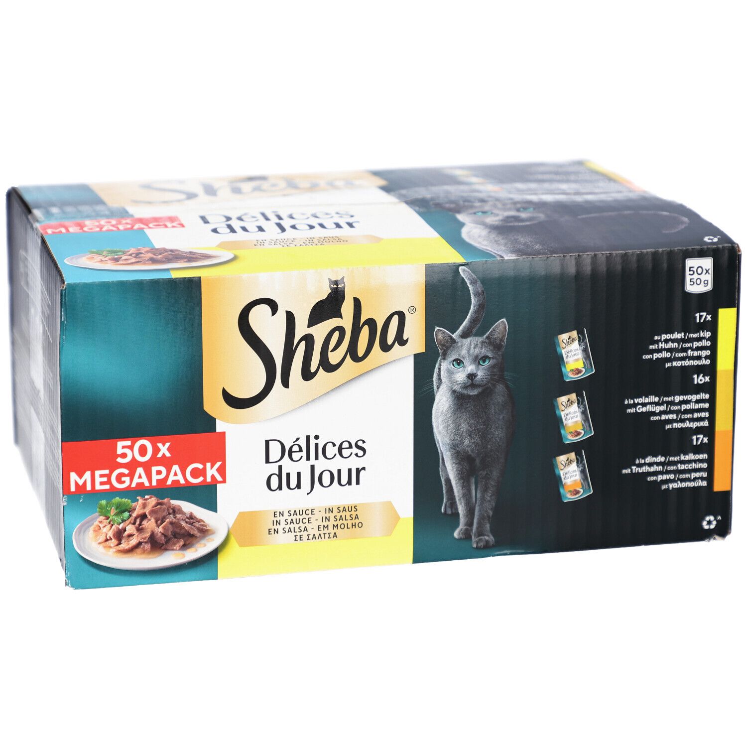 Sheba Délices du Jour, méga-pack de 50. Chat sur l'emballage. Texte: En sauce, in salsa, em molho, saus. 17x, 16x, 17x.