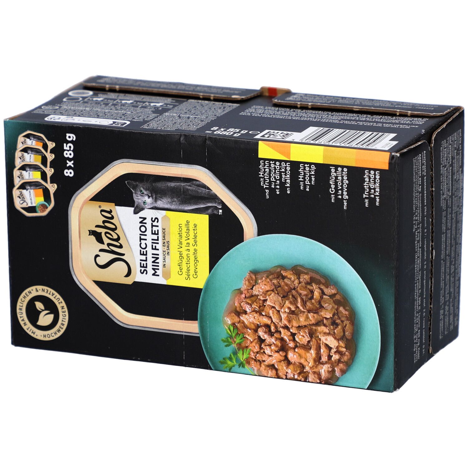 Doos Sheba Selection Mini Filets. 8 x 85g. Productafbeelding en tekst. Recycling symbool.