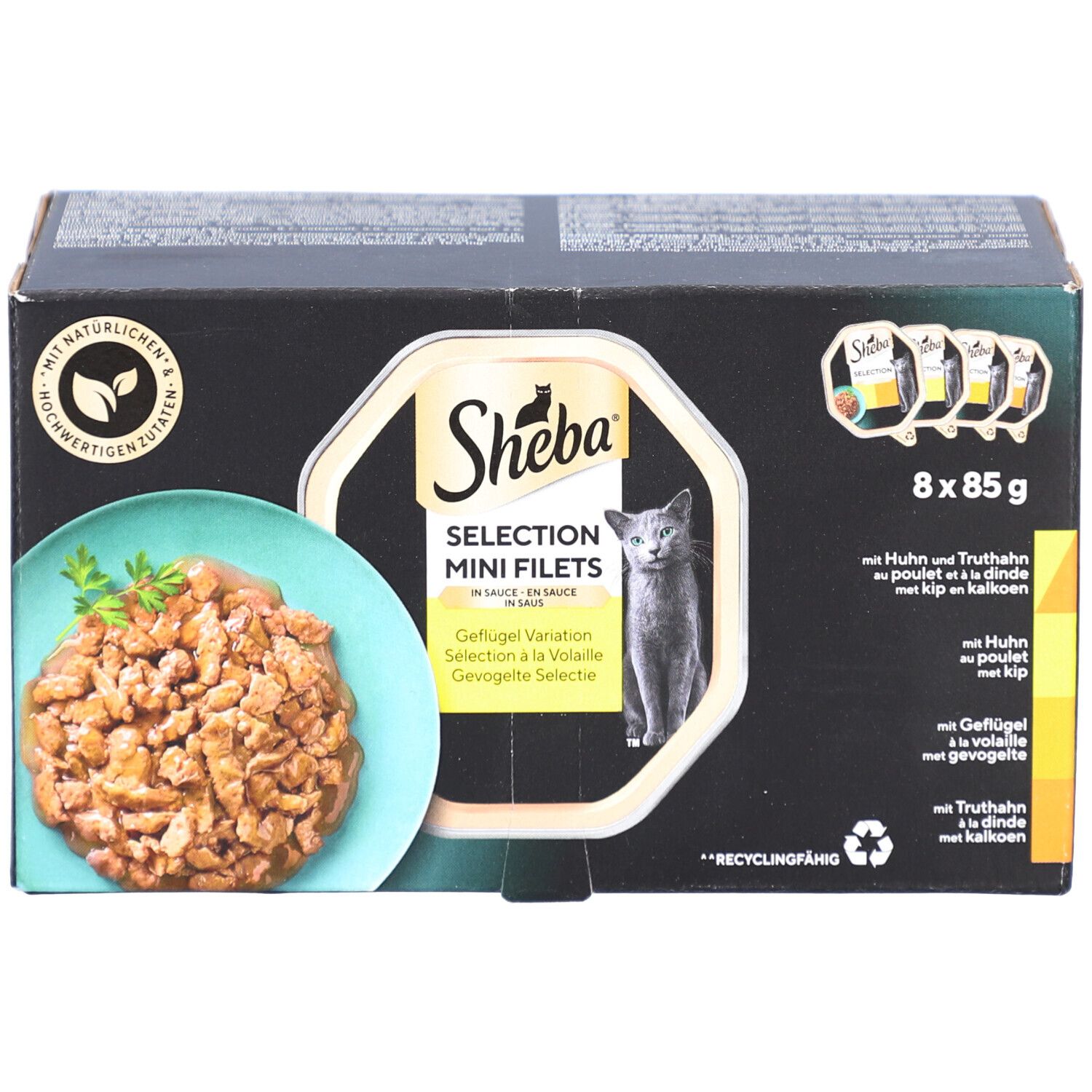 Doos Sheba Selection Mini Filets. 8 x 85g. Productafbeelding en tekst. Recycling symbool.