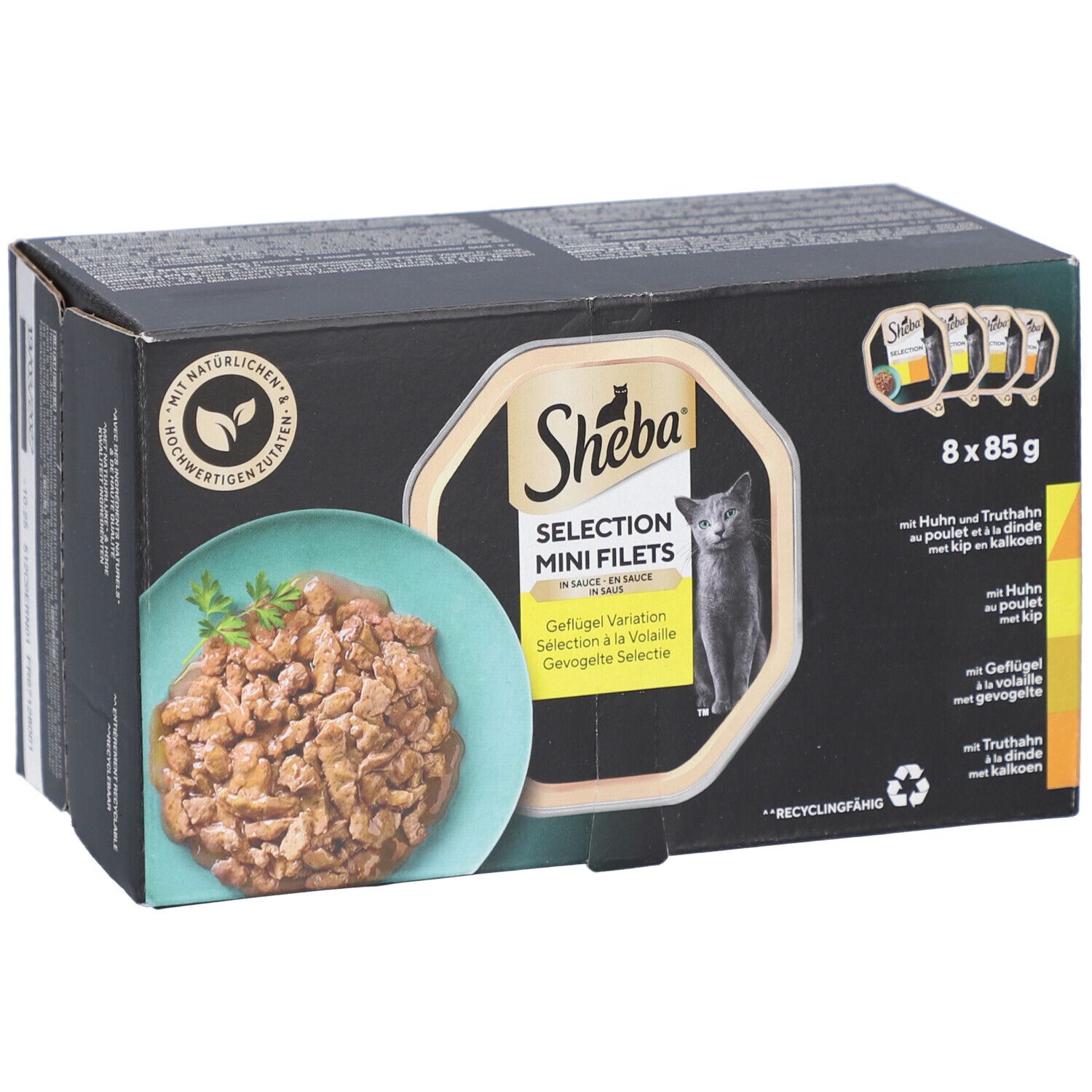 Doos Sheba Selection Mini Filets. 8 x 85g. Productafbeelding en tekst. Recycling symbool.