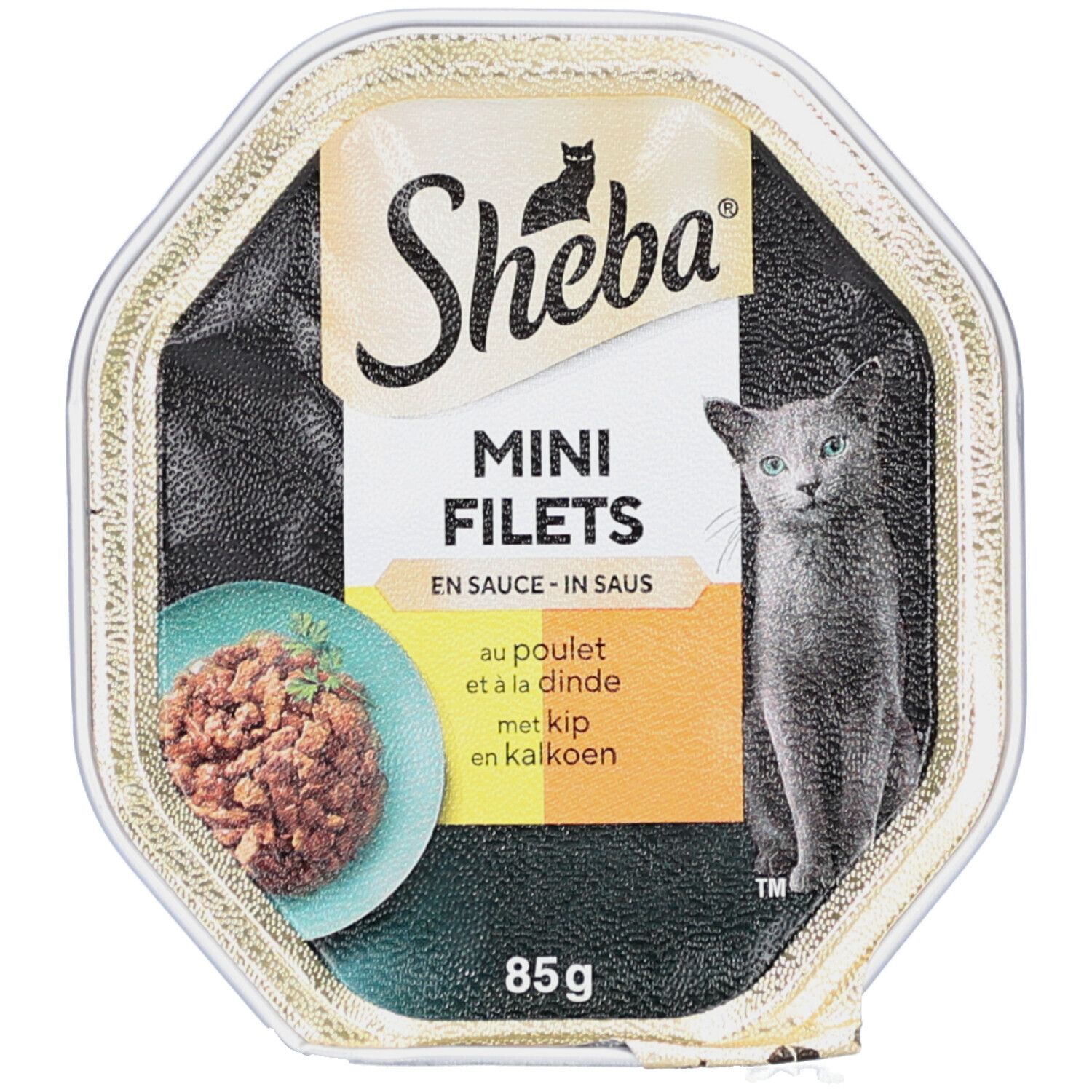 Verpakking van Sheba Mini Filets in saus. Opschrift: Mini Filets in saus. Afbeelding van kat en voer.