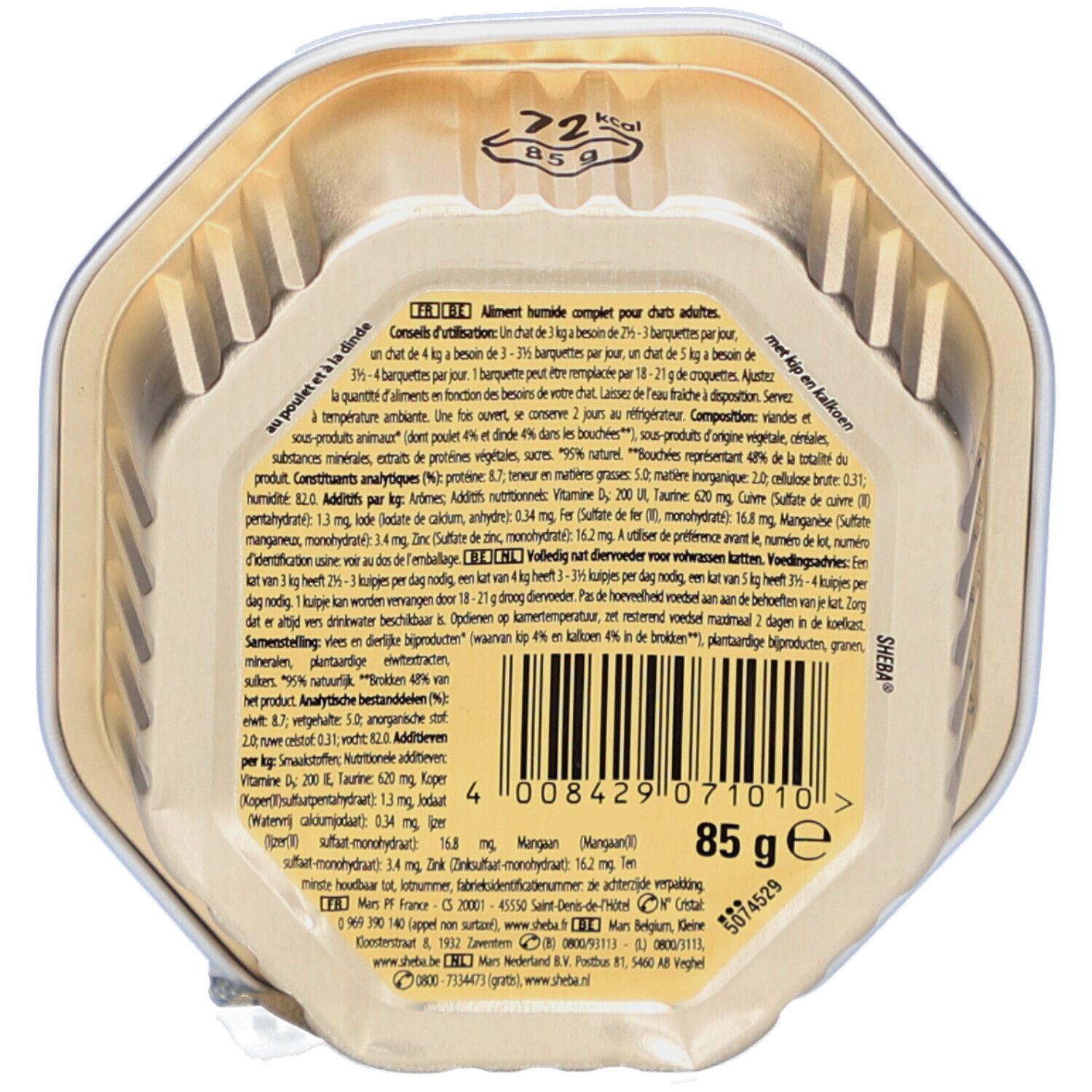 Achterkant van de Sheba Mini Filets verpakking. Tekst met voedingswaarde en ingrediënten. 85g.