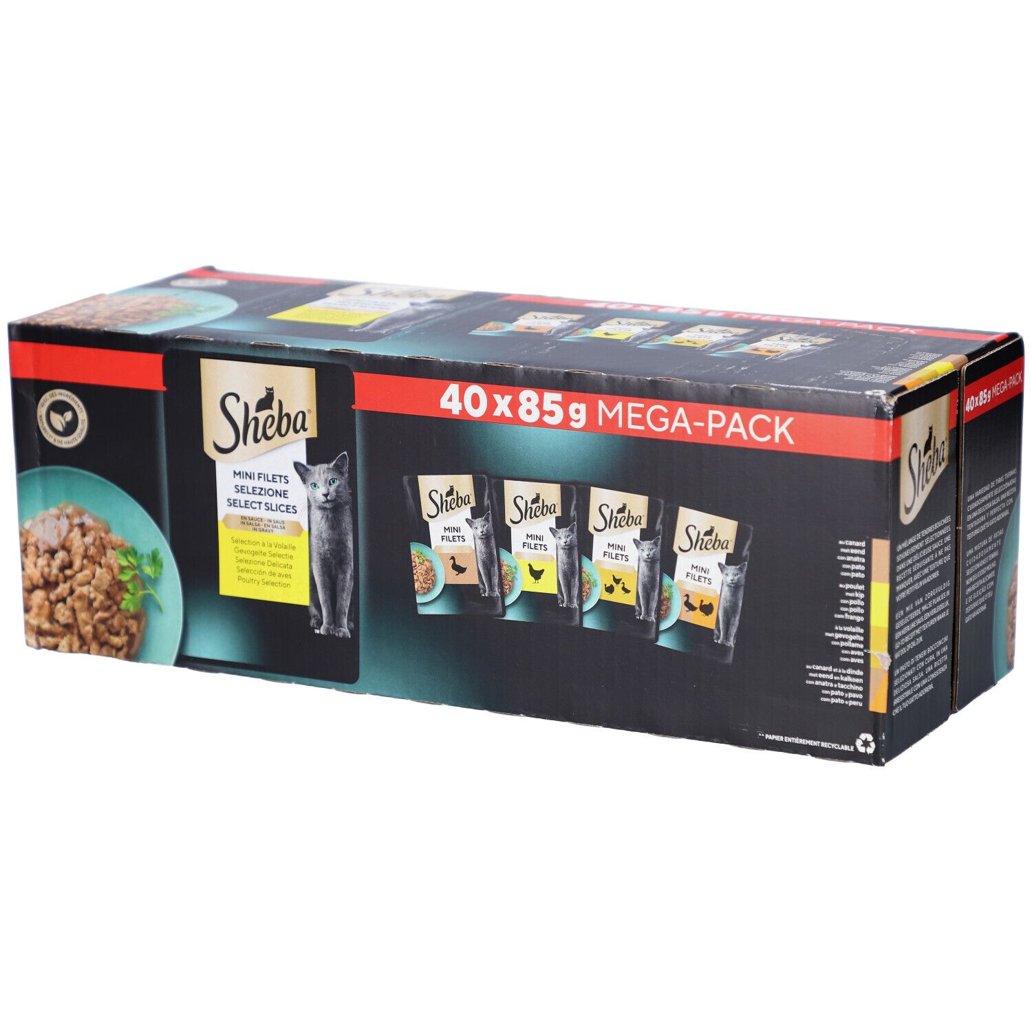 Doos SHEBA M FIL PCH SS GEV SEL MP. 40 x 85g MEGA-PACK. Afbeelding van product en kat.