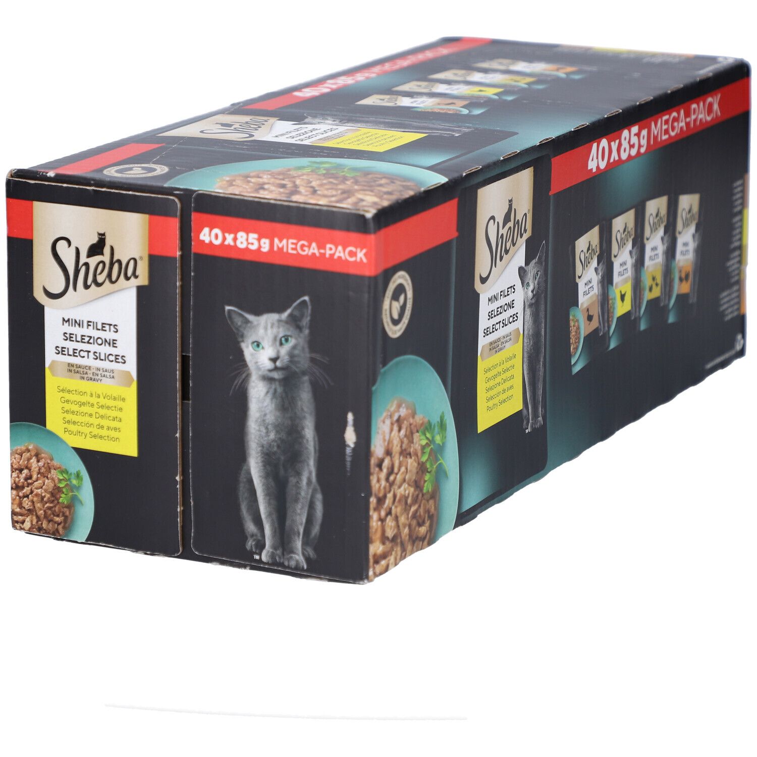 Doos SHEBA M FIL PCH SS GEV SEL MP. 40 x 85g MEGA-PACK. Productafbeelding en kat.
