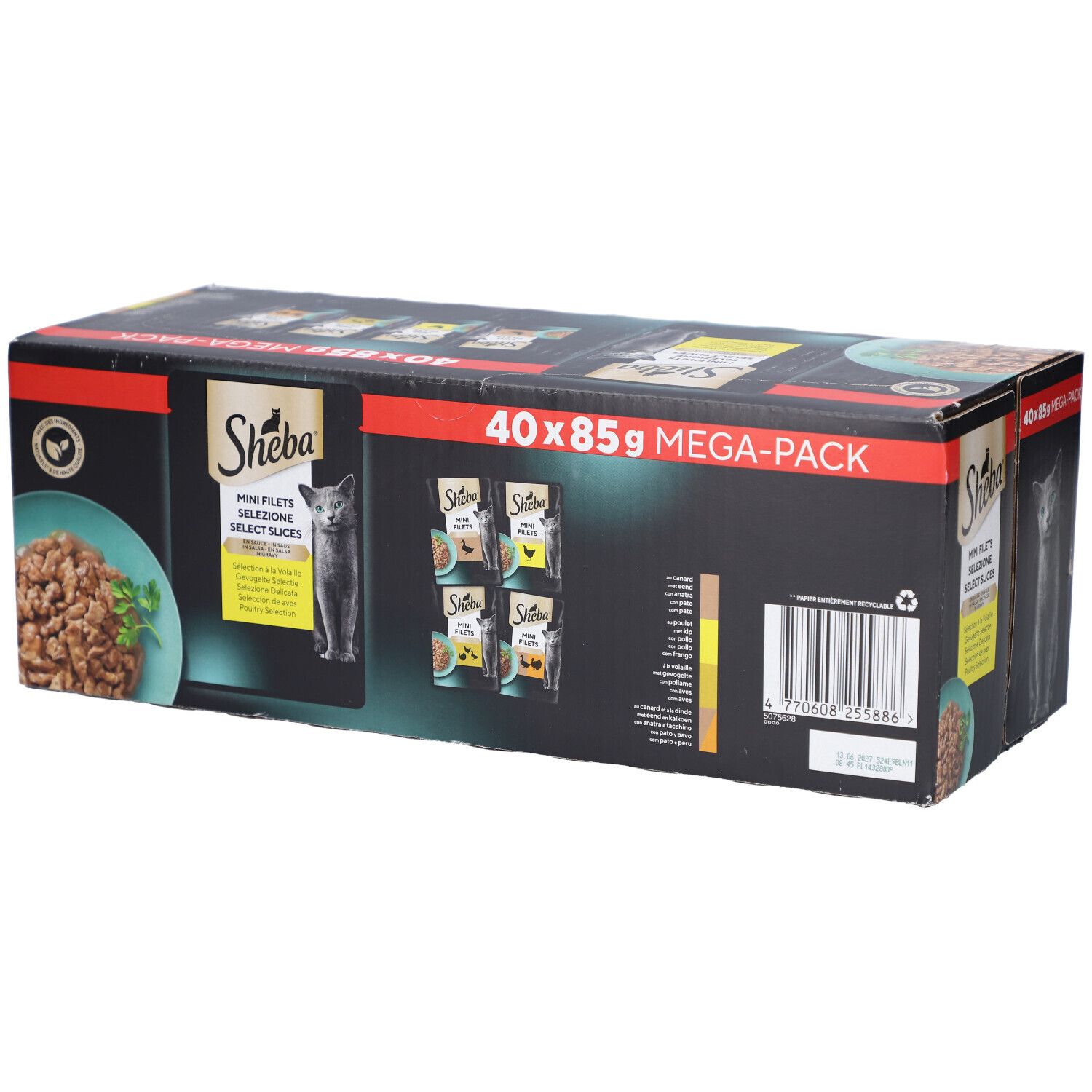 Doos SHEBA M FIL PCH SS GEV SEL MP. 40 x 85g MEGA-PACK. Productafbeelding en kat.