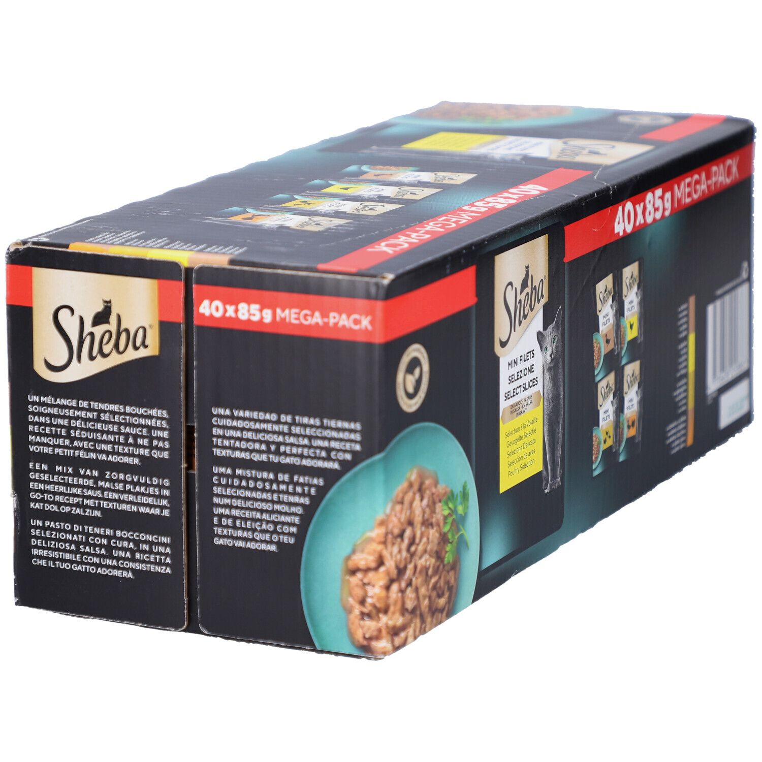 Doos SHEBA M FIL PCH SS GEV SEL MP. 40 x 85g MEGA-PACK. Productafbeelding en kat.