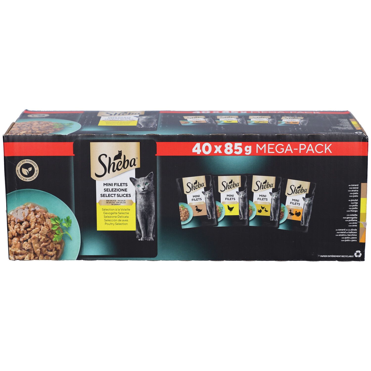 Doos SHEBA M FIL PCH SS GEV SEL MP. 40 x 85g MEGA-PACK. Productafbeelding en kat.
