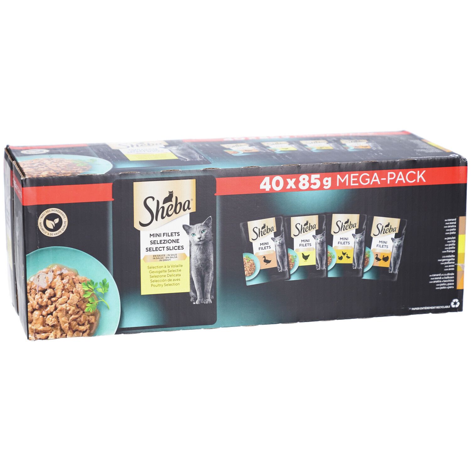 Doos SHEBA M FIL PCH SS GEV SEL MP. 40 x 85g MEGA-PACK. Productafbeelding en kat.