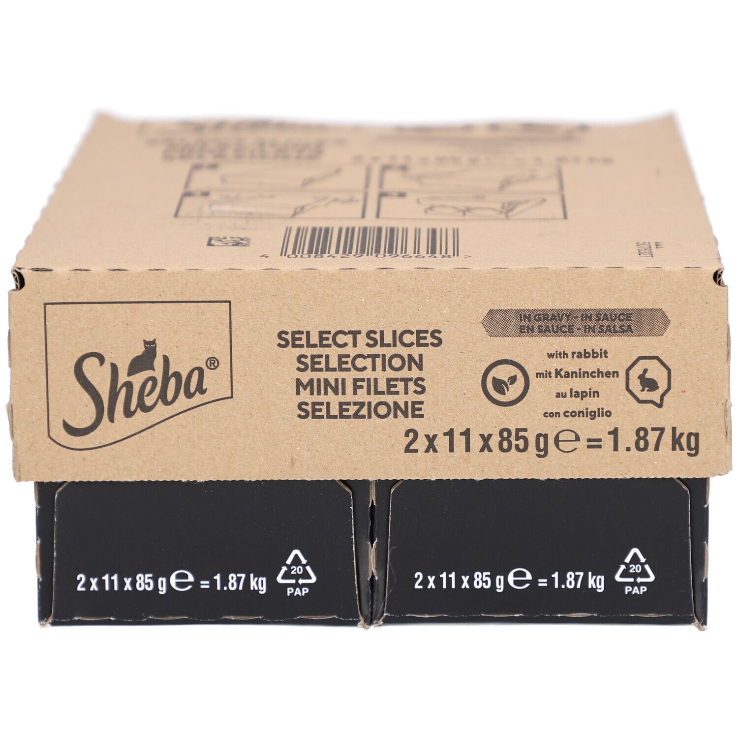 Blikje Sheba kattenvoer. Zwart deksel met productnaam en kat. Tekst: Mini Filets, au lapin, met konijn. 85g.