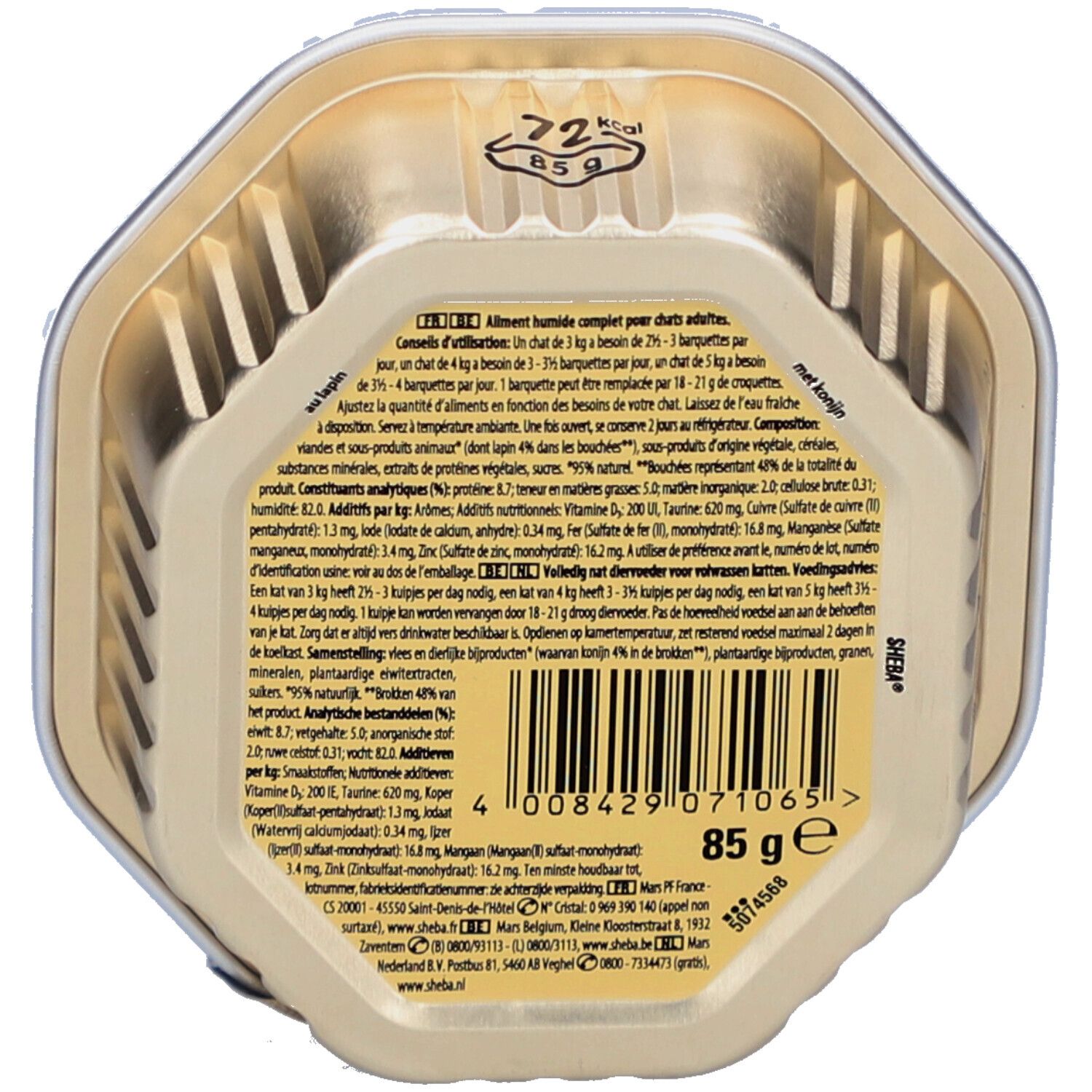 Achterkant van het Sheba kattenvoer blikje. Goudkleurig. Tekst en barcode. 85g. Voedingswaarde en fabrikant informatie.