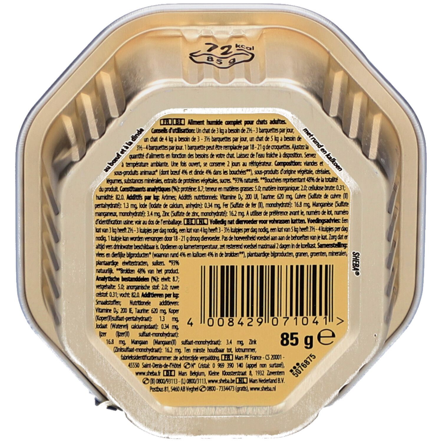 Achterkant van de geopende achthoekige bak met tekst en barcode. 85g.