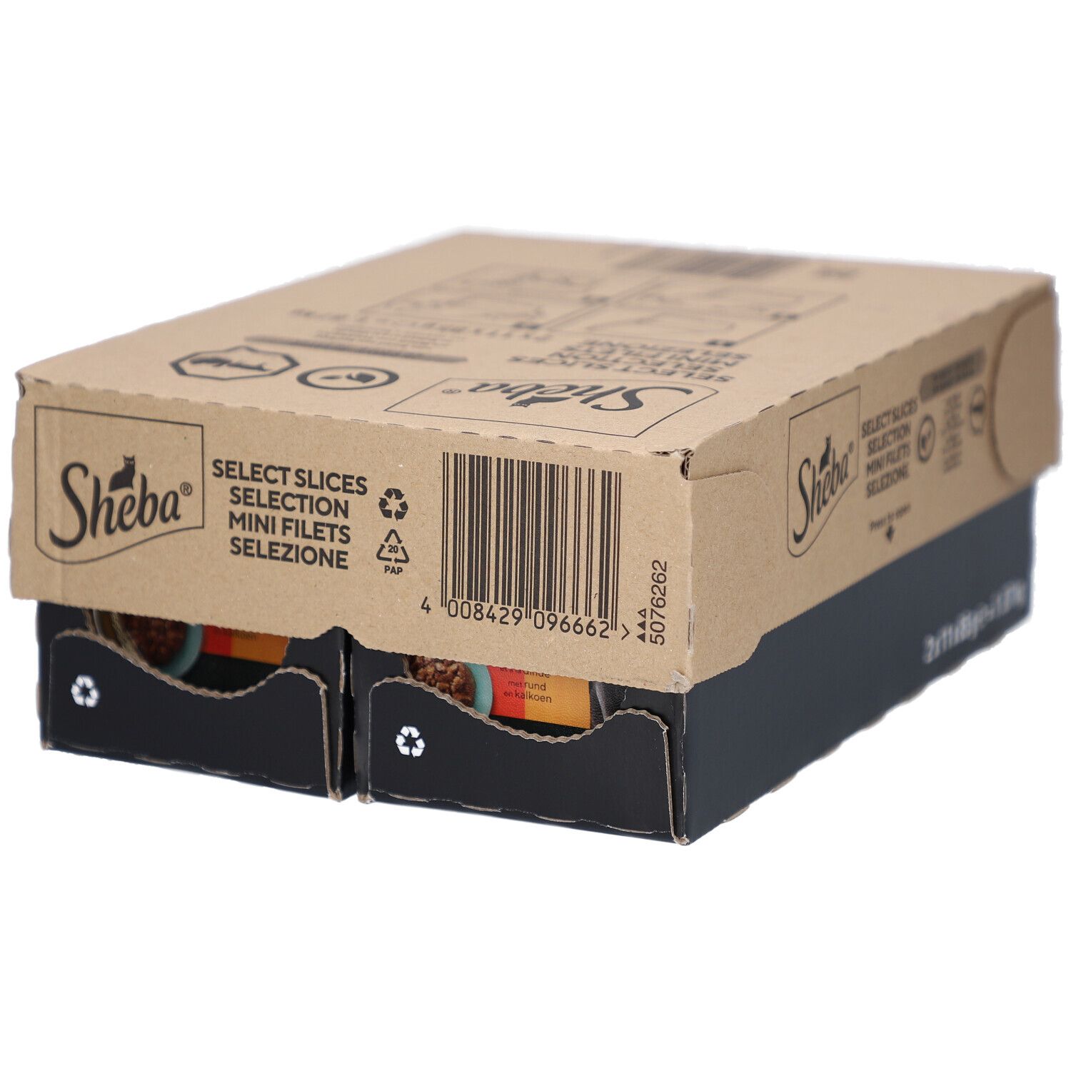 Emballage en carton Sheba. Inscription: Select Slices Mini Filets. 2x11x85g = 1.87 kg.