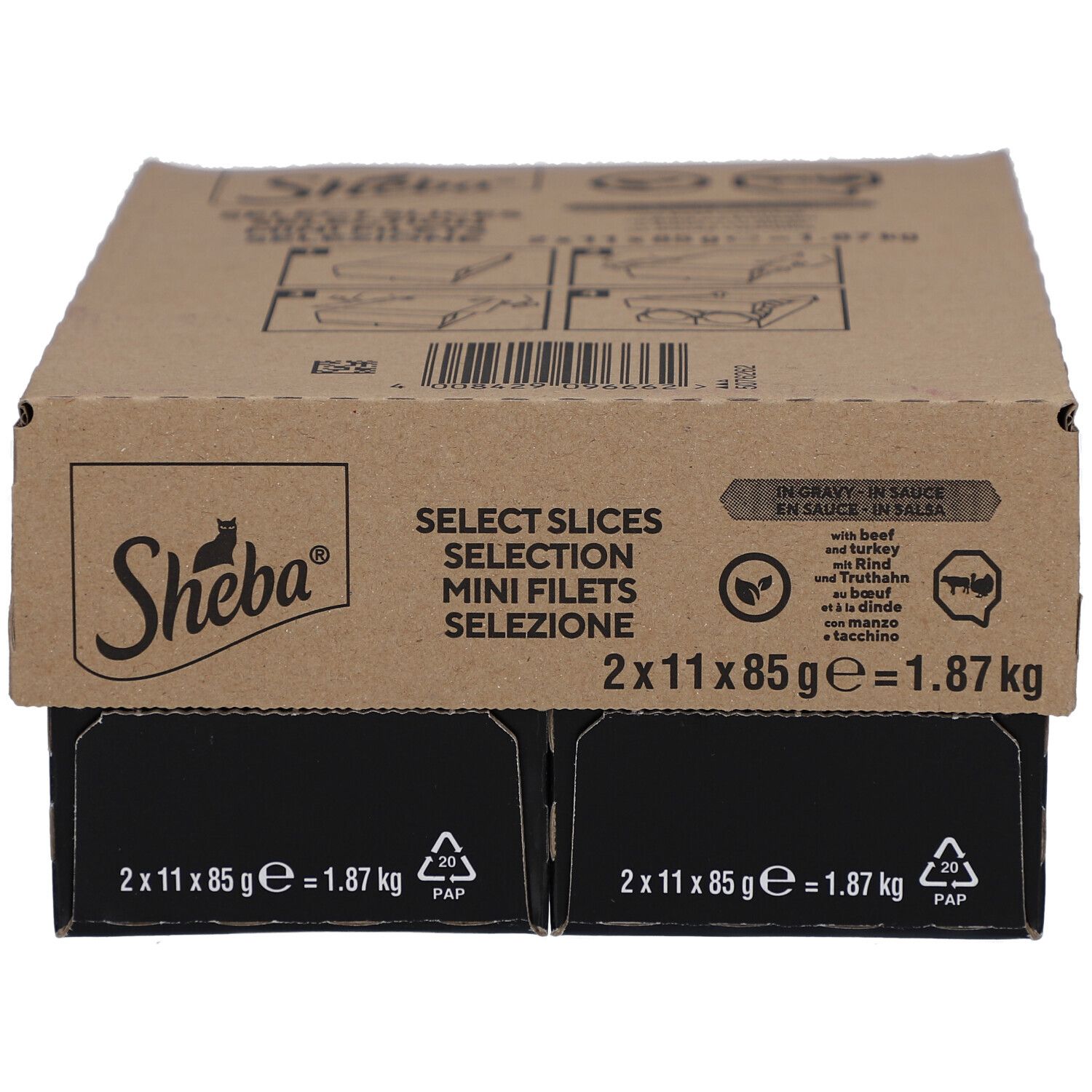 Emballage en carton Sheba. Inscription: Select Slices Mini Filets. 2x11x85g = 1.87 kg.
