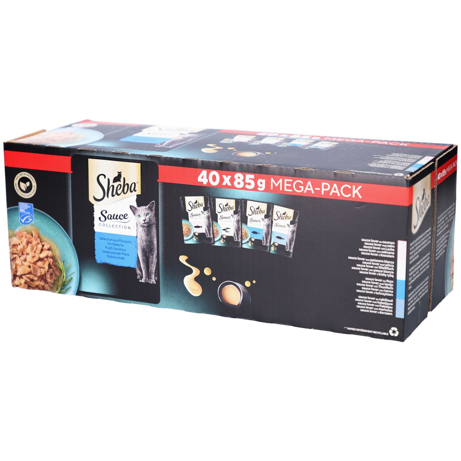 Grote verpakking Sheba Sauce Collection. Bevat 40 zakjes van 85g. Zwarte verpakking met productafbeelding en logo.