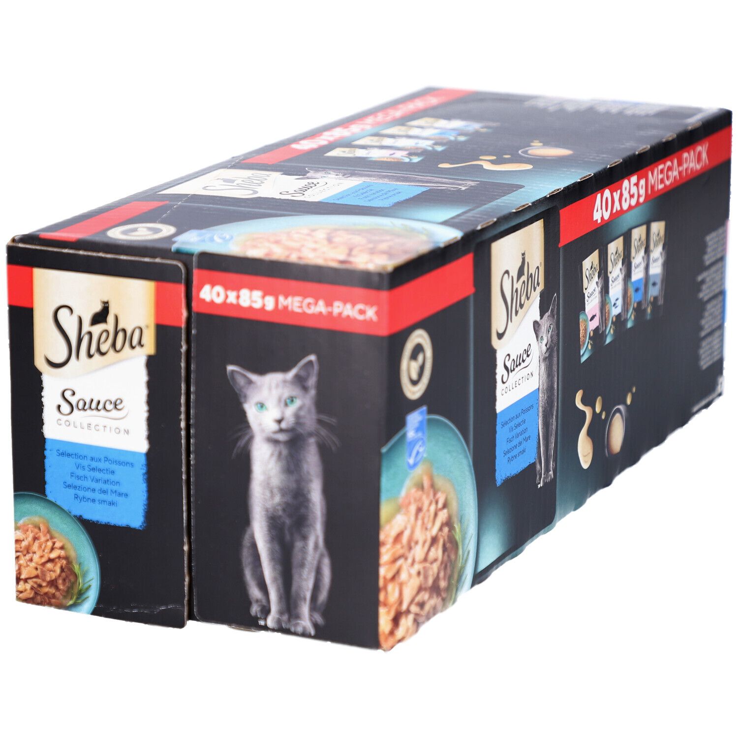 Grote verpakking Sheba Sauce Collection. Bevat 40 zakjes van 85g. Zwarte verpakking met productafbeelding en logo.