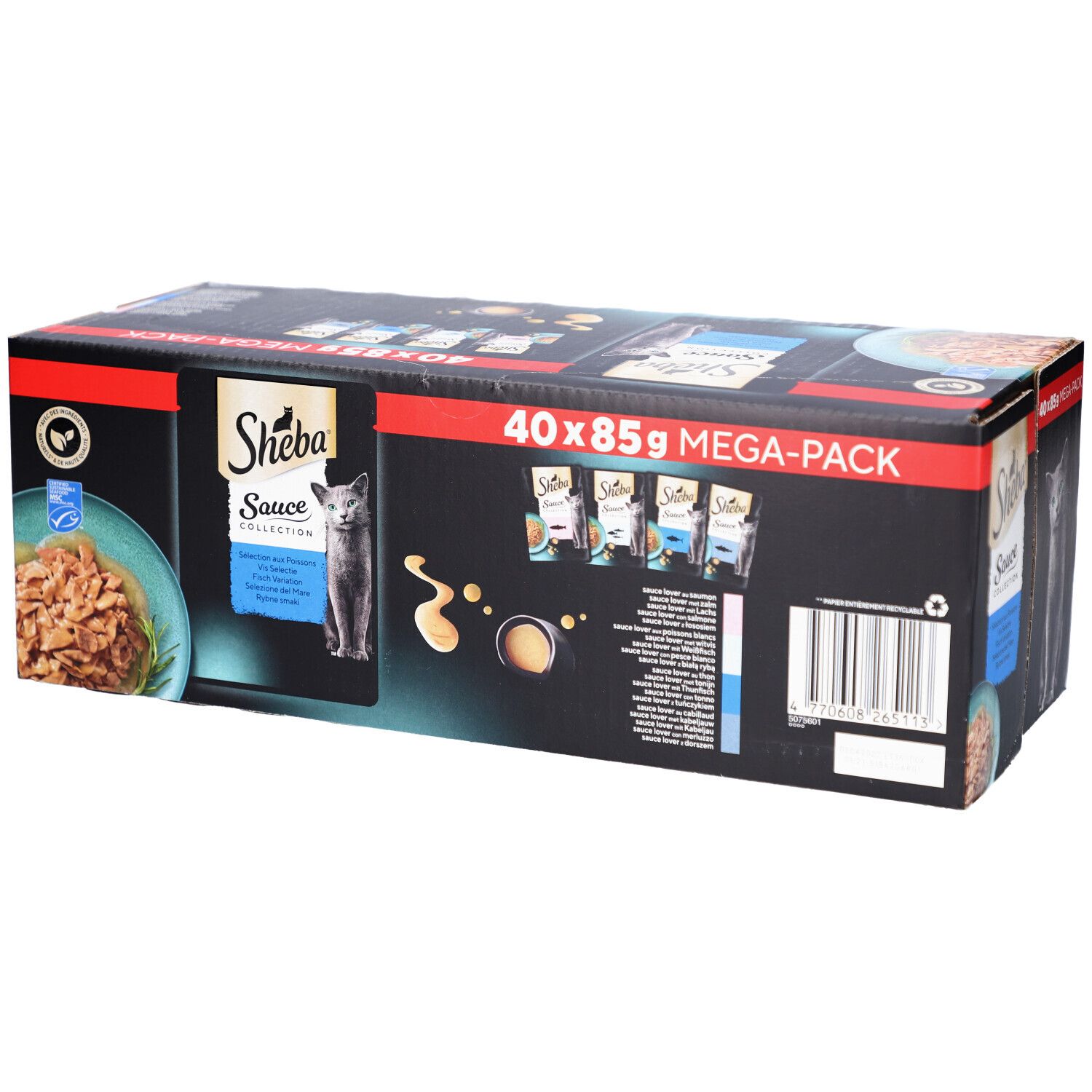 Grote verpakking Sheba Sauce Collection. Bevat 40 zakjes van 85g. Zwarte verpakking met productafbeelding en logo.