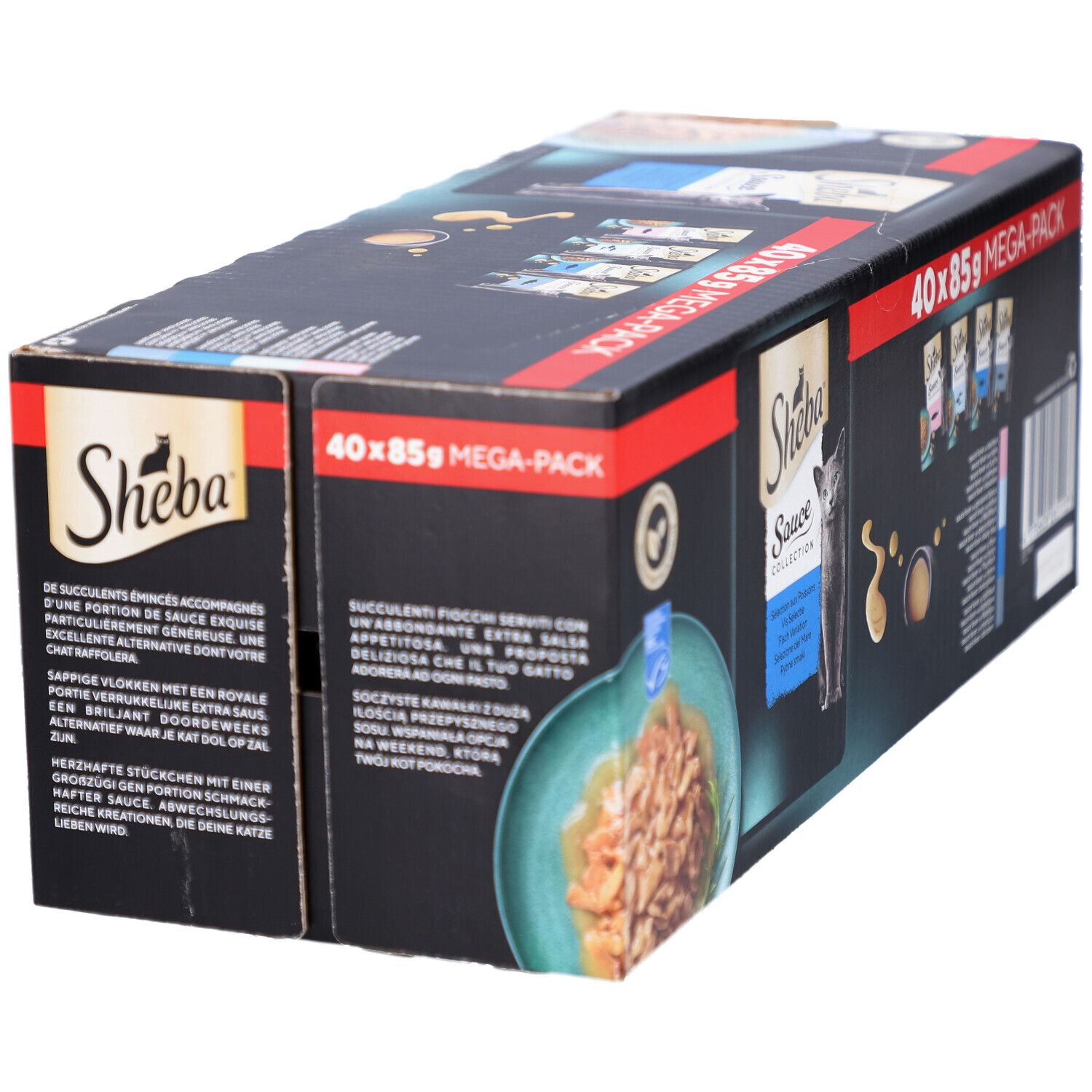 Grote verpakking Sheba Sauce Collection. Bevat 40 zakjes van 85g. Zwarte verpakking met productafbeelding en logo.