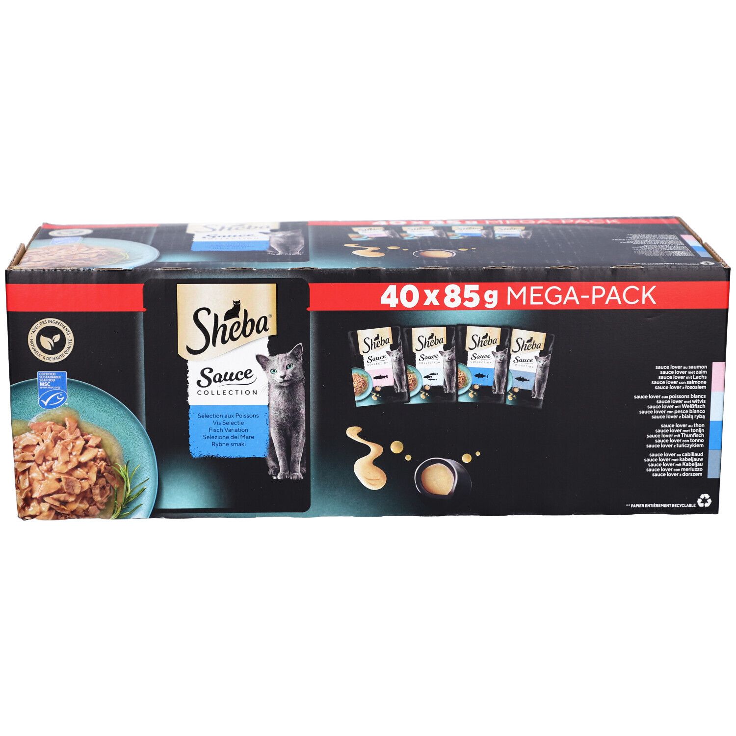 Grote verpakking Sheba Sauce Collection. Bevat 40 zakjes van 85g. Zwarte verpakking met productafbeelding en logo.