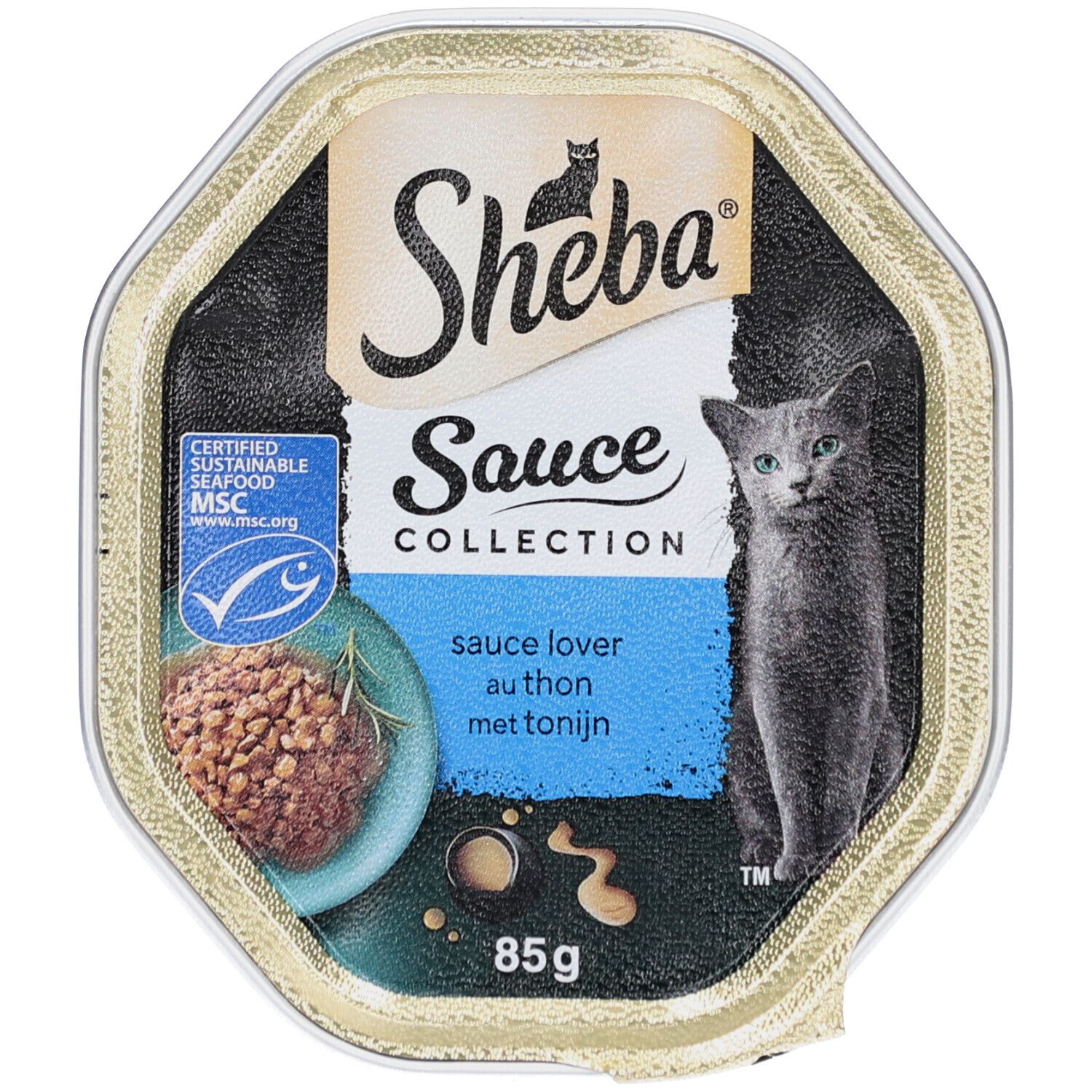 Open bakje kattenvoer. Opschrift: Sheba Sauce Collection, Sauce Lover, met tonijn. MSC-certificering. 85g.