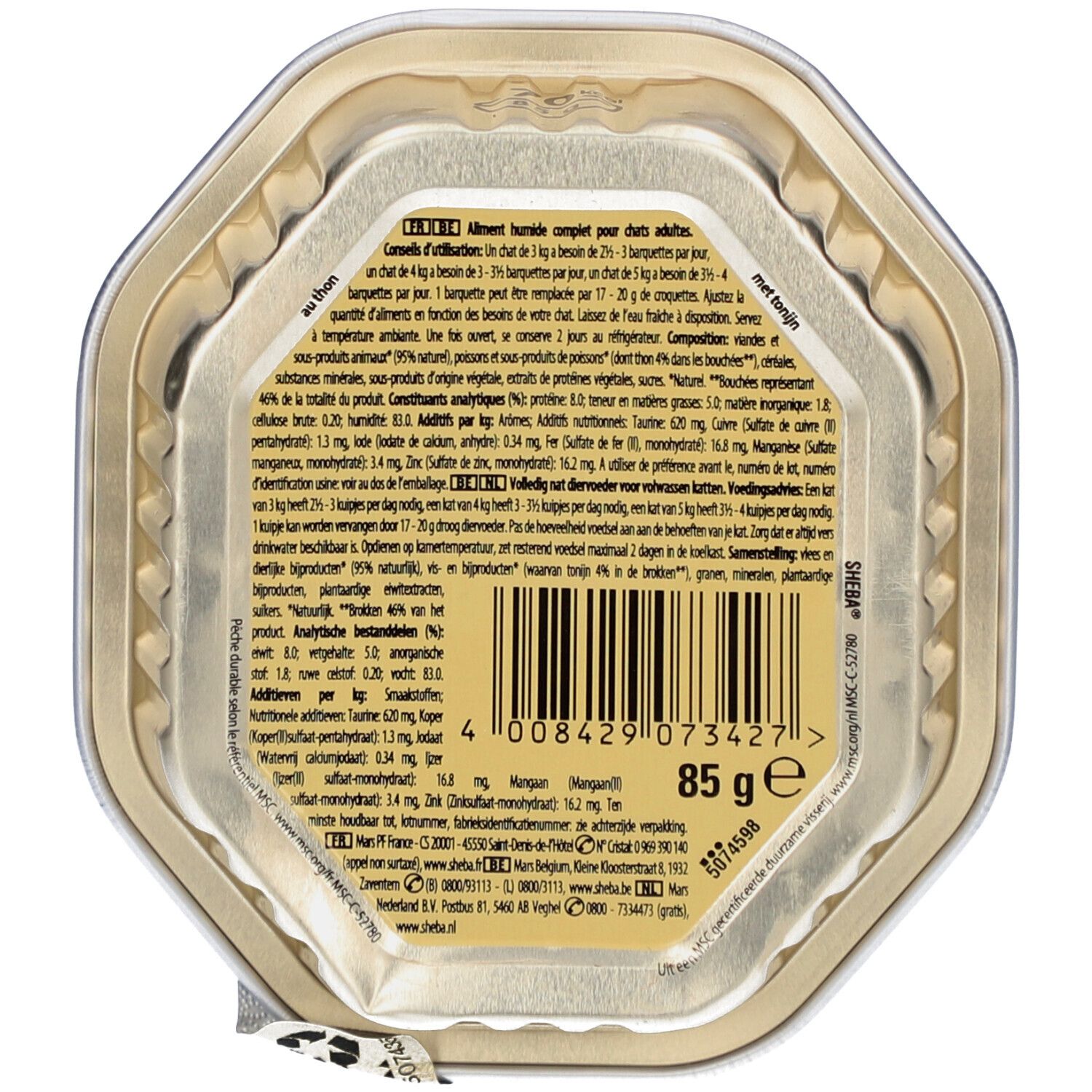Achterkant van de kattenvoerbak. Tekst met ingrediënten en voedingswaarde. Barcode en 85g-aanduiding.