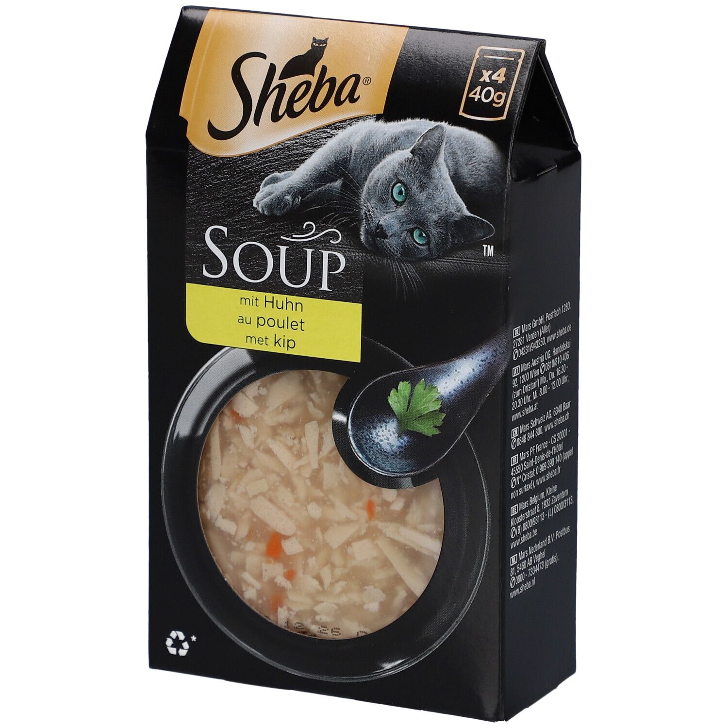 Sheba SOUP met kip, 4x40g. Zwarte verpakking met kat en productafbeelding. Tekst: SOUP, mit Huhn, au poulet, met kip.