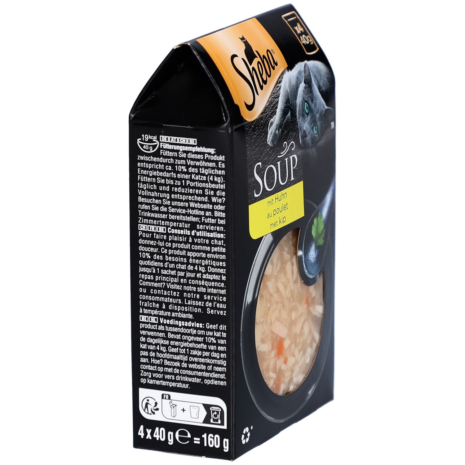 Sheba SOUP, 4x40g. Zwarte verpakking, zijaanzicht. Tekst: SOUP, mit Huhn, au poulet, met kip. Bevat voedingsinformatie.