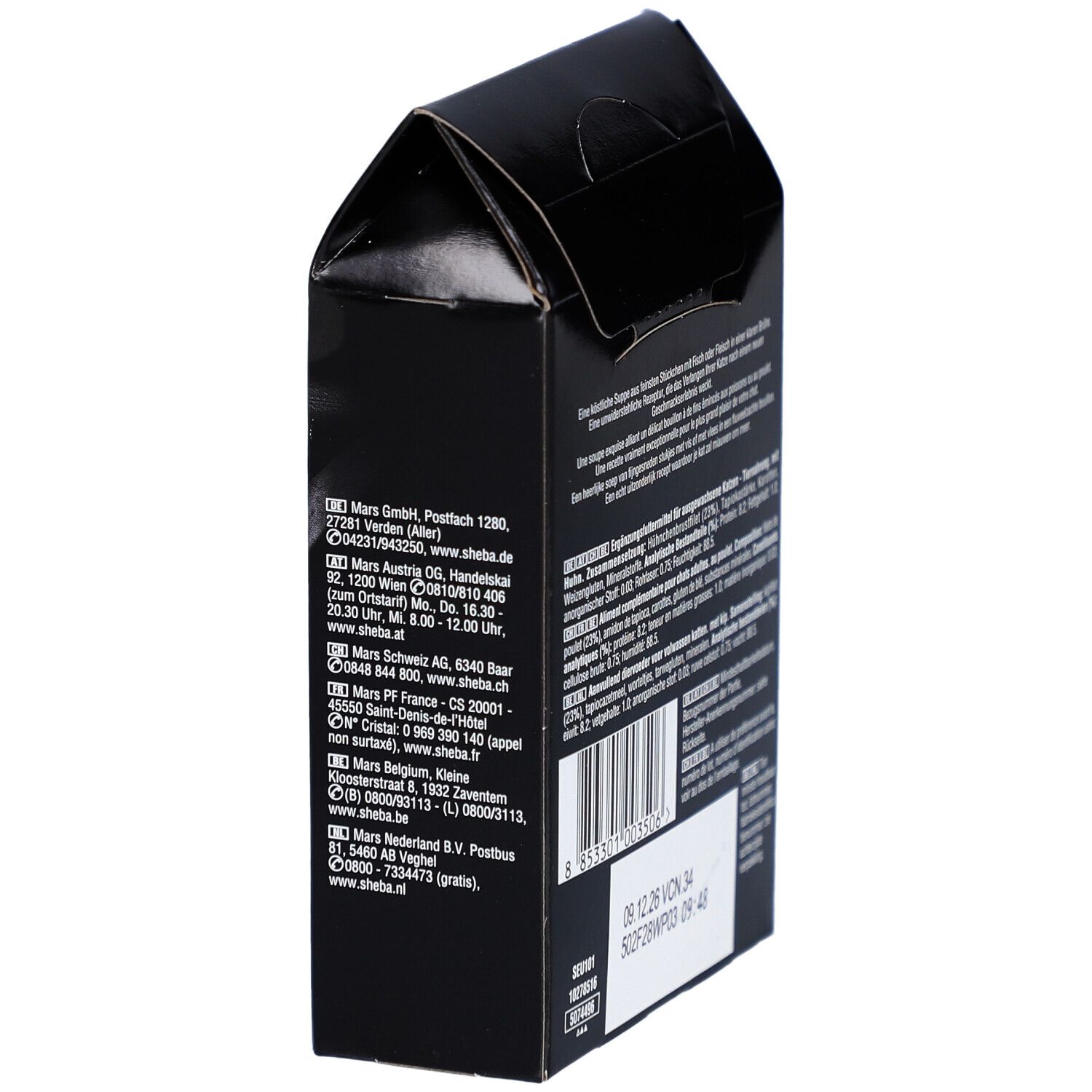 Achterkant van de Sheba SOUP verpakking. Adressen van Mars GmbH, Mars Schweiz AG, Mars France, Mars Nederland B.V.