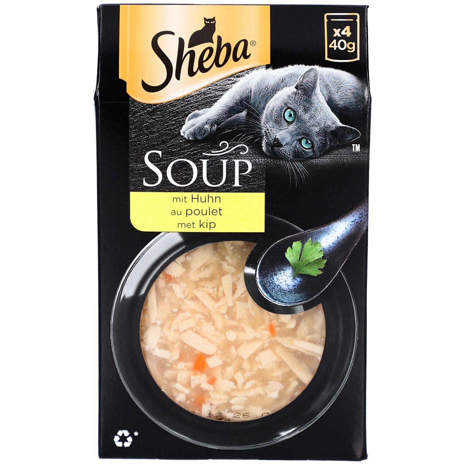 Sheba SOUP met kip, 4x40g. Zwarte verpakking met kat en productafbeelding. Tekst: SOUP, mit Huhn, au poulet, met kip.