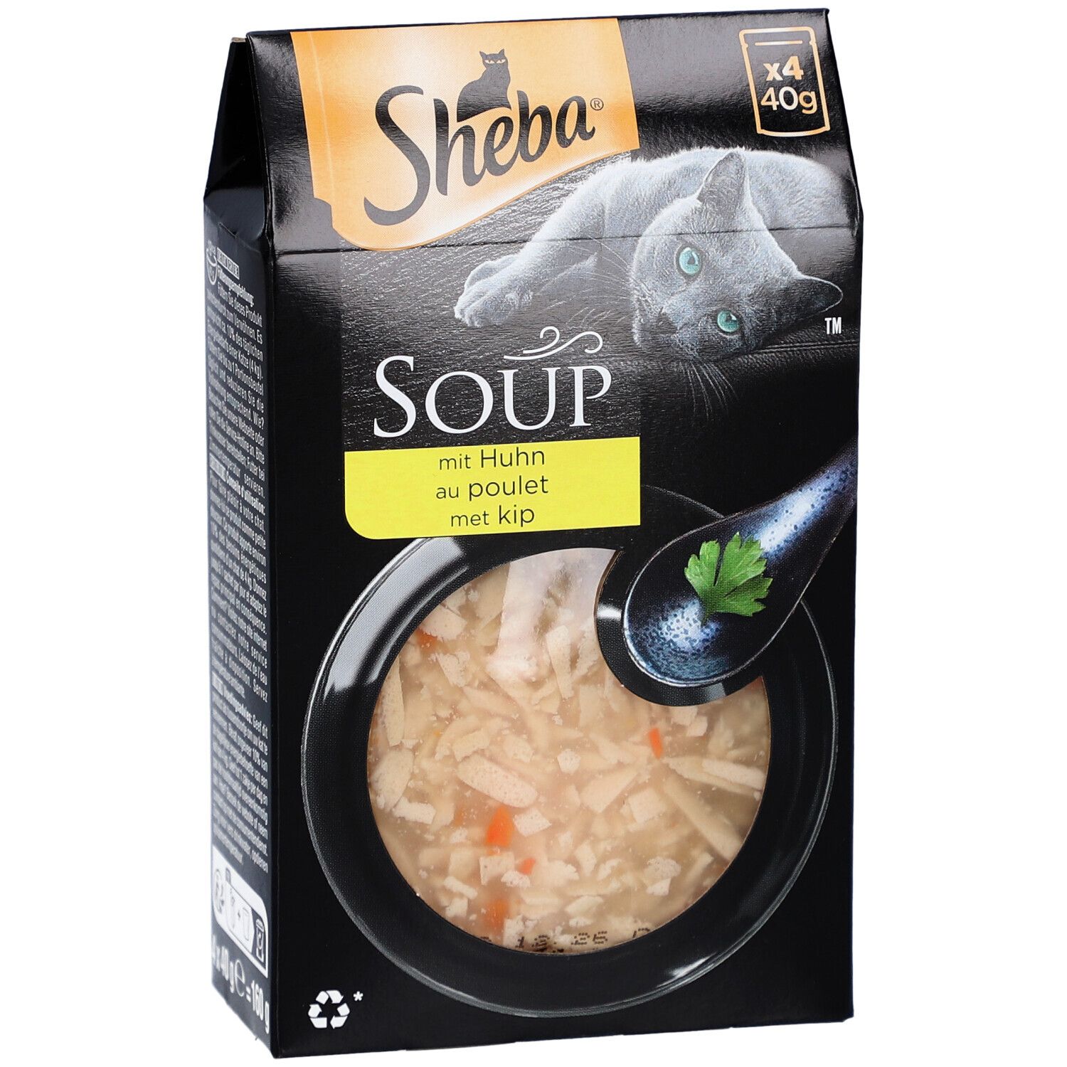 Sheba SOUP met kip, 4x40g. Zwarte verpakking met kat en productafbeelding. Tekst: SOUP, mit Huhn, au poulet, met kip.