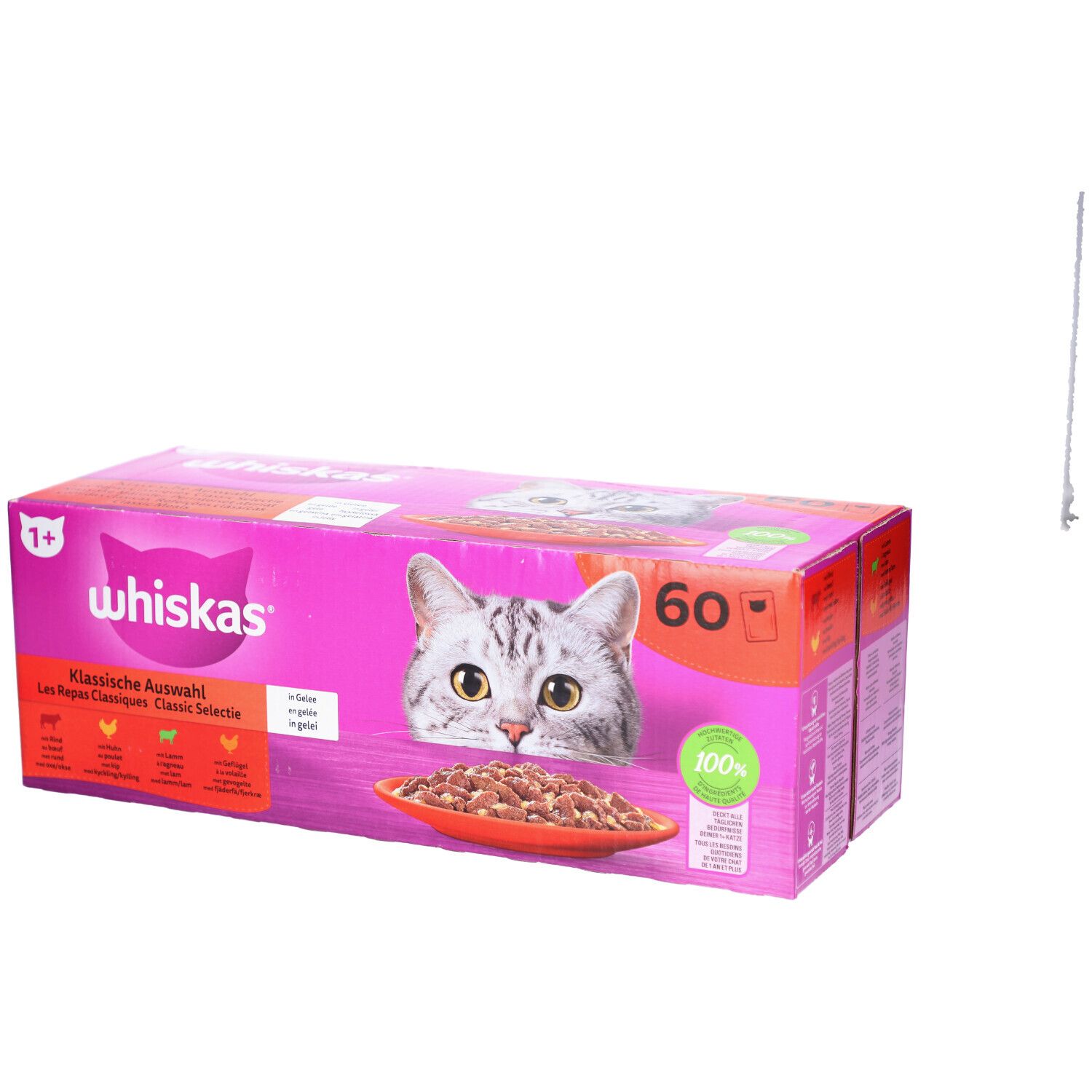 Boîte rose Whiskas, chat et nourriture. Inscription 'Choix Classique'. Contient 60 unités.