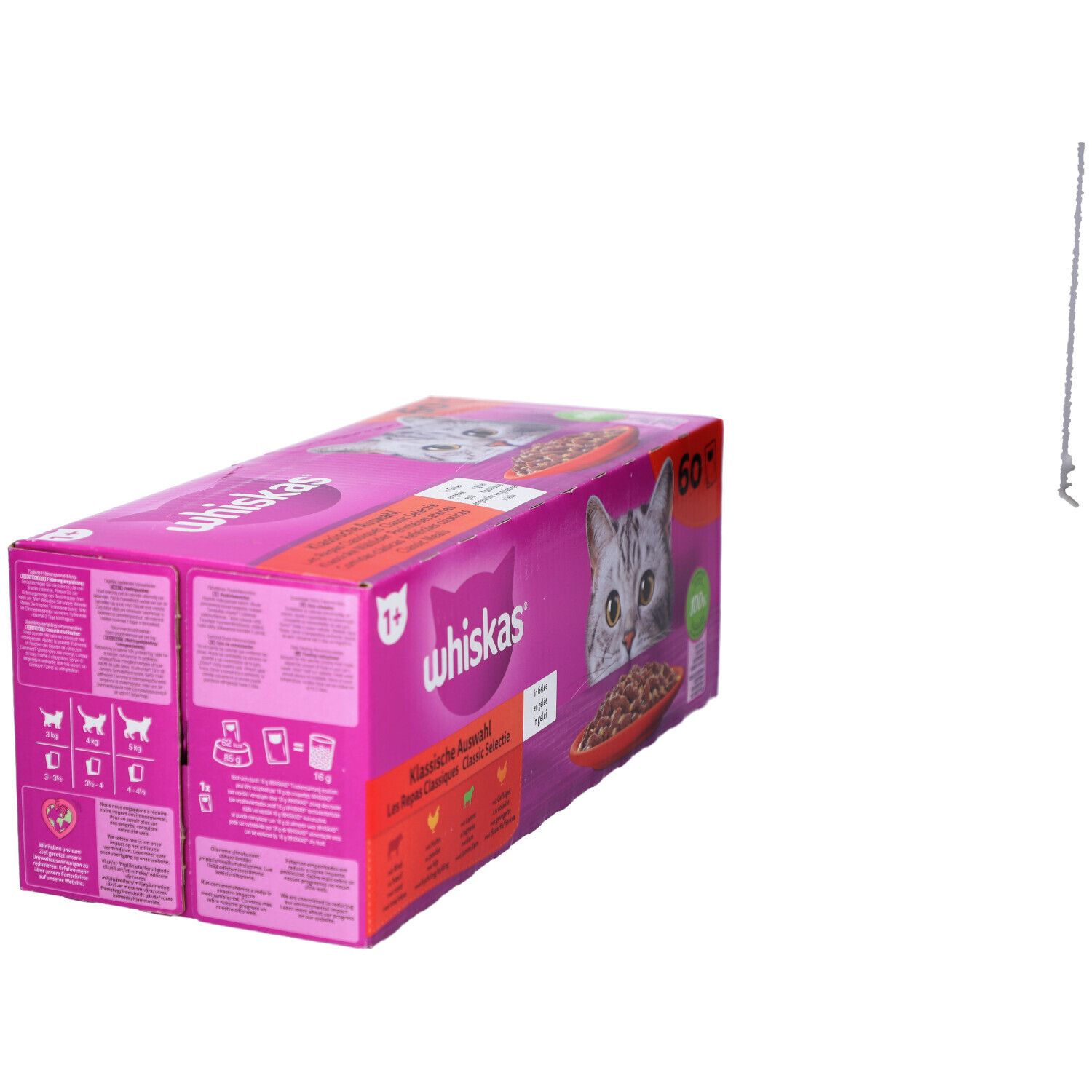 Boîte rose Whiskas avec chat et nourriture. Inscription 'Choix Classique'. 60 unités.