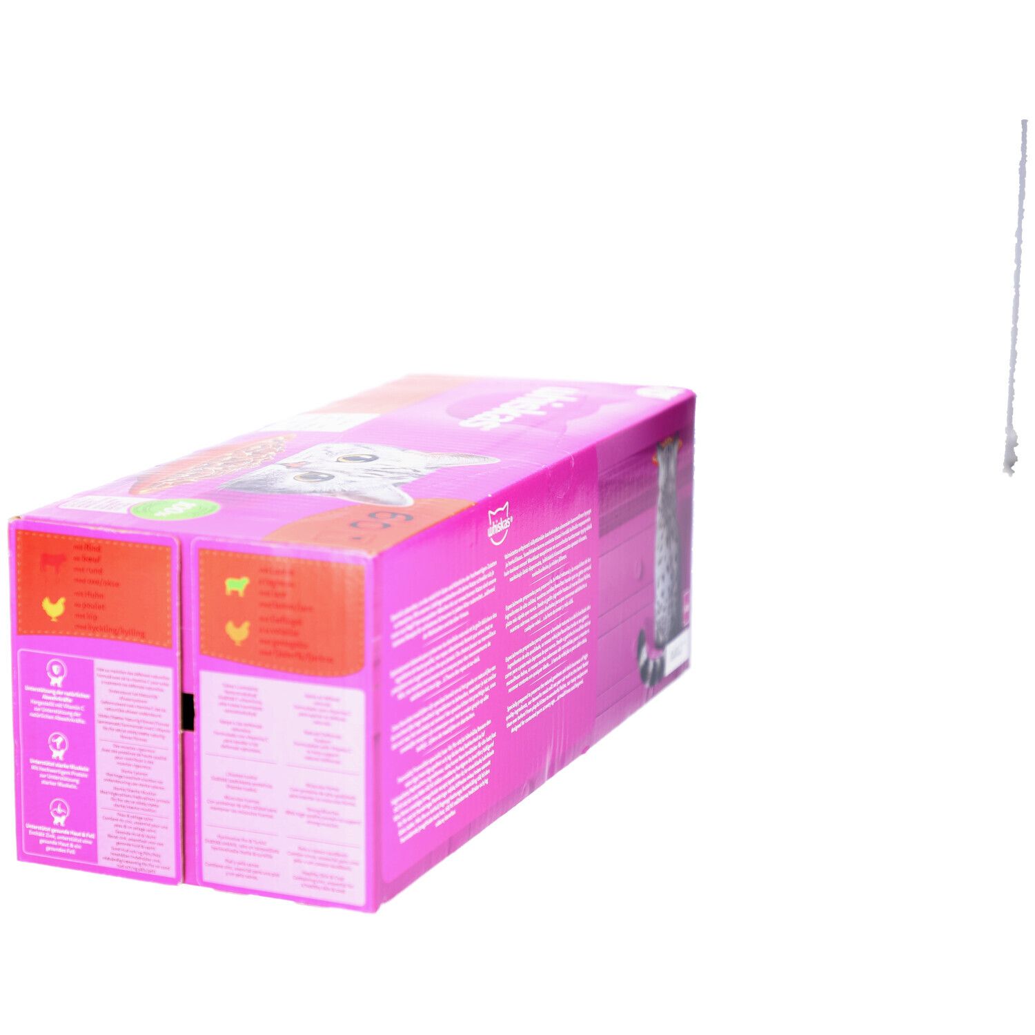 Boîte rose Whiskas avec informations produit et symboles. Vue latérale.