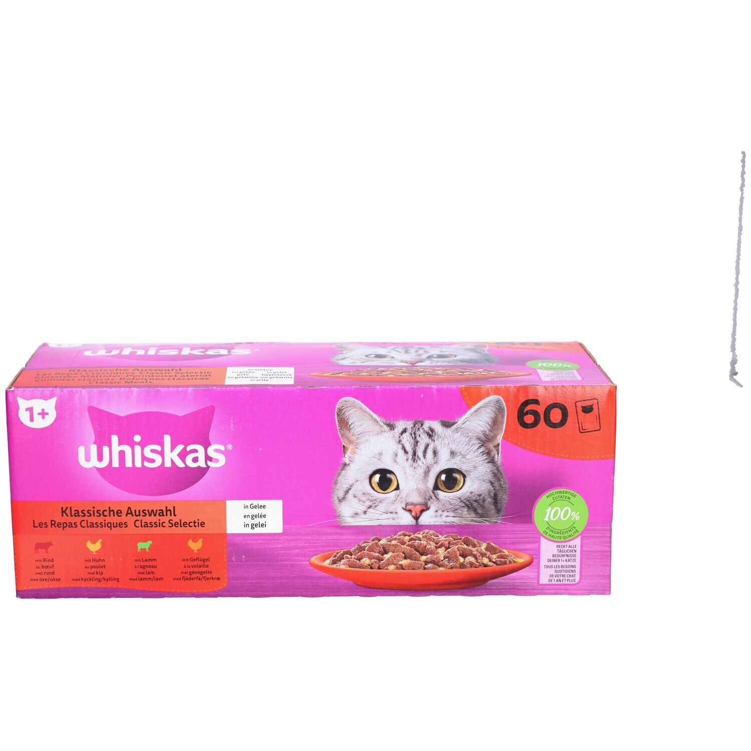 Boîte rose Whiskas, chat et nourriture. Inscription 'Choix Classique'. 60 unités.