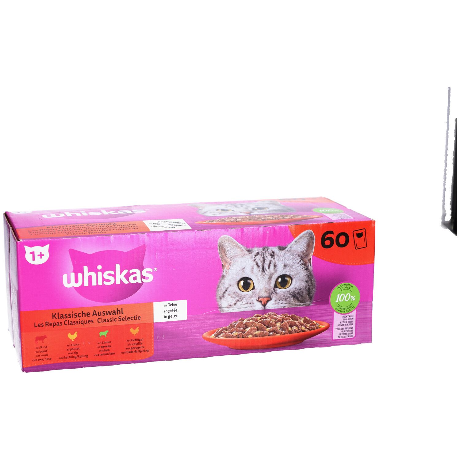 Boîte rose Whiskas, chat et nourriture. Inscription 'Choix Classique'. 60 unités.