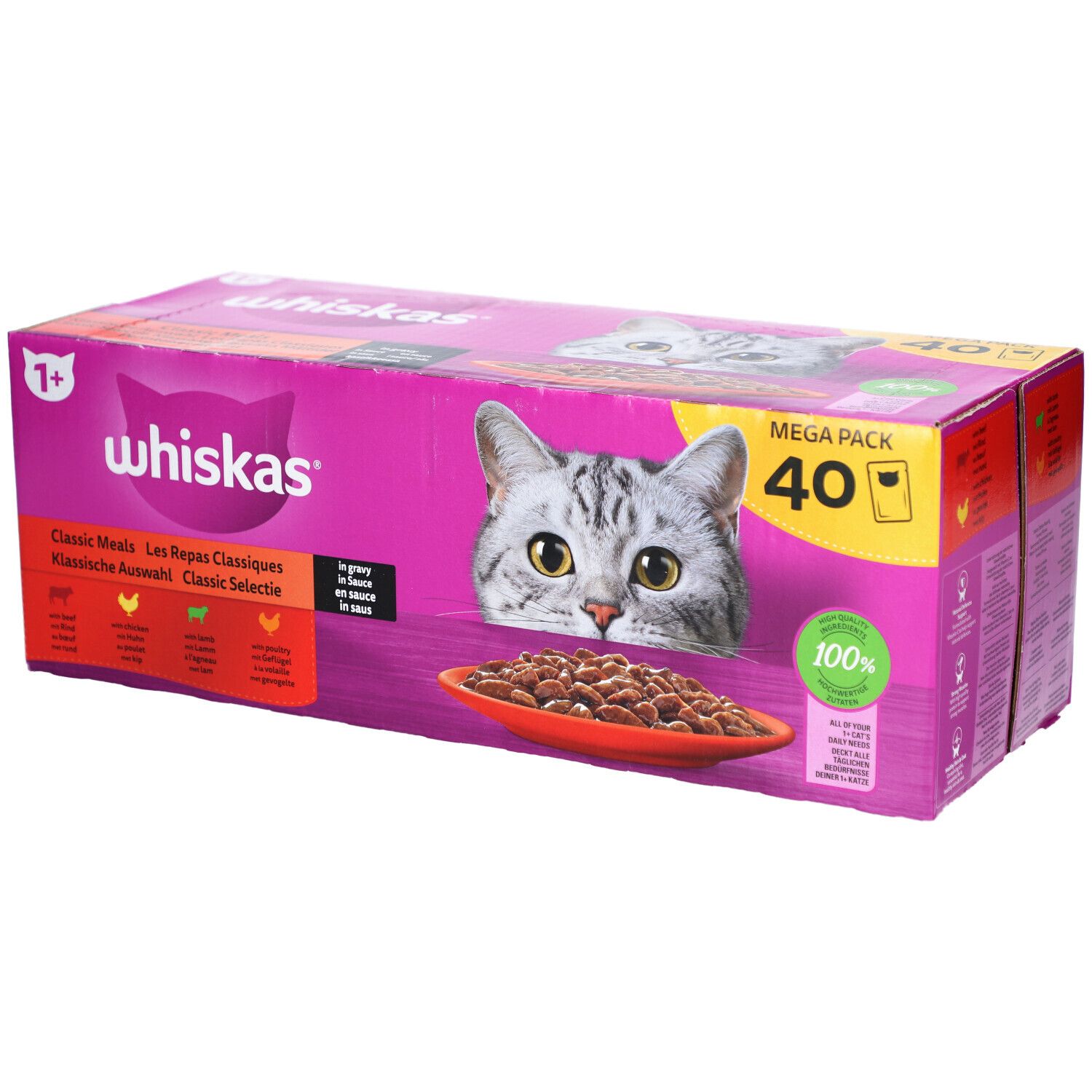 Whiskas 1+ kattenvoer verpakking. Roze verpakking met kattenafbeelding en productinformatie. Bevat 40 zakjes.