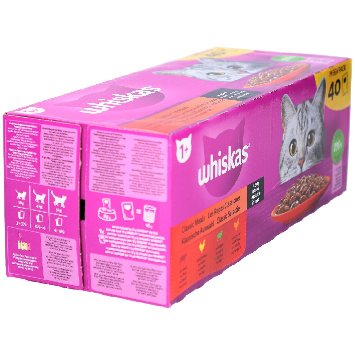 Whiskas 1+ kattenvoer verpakking. Roze verpakking met kattenafbeelding en productinformatie. Bevat 40 zakjes.
