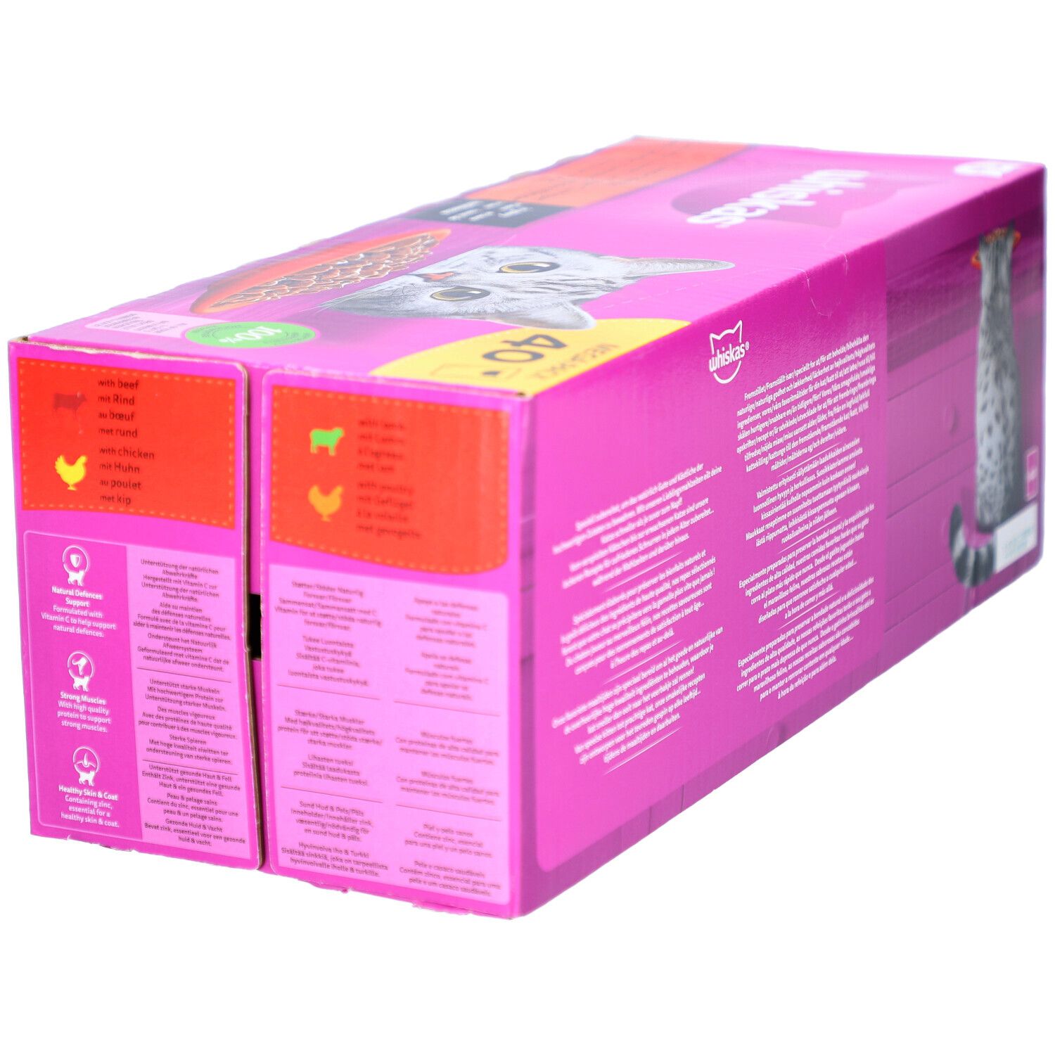 Whiskas 1+ kattenvoer verpakking. Roze verpakking met kattenafbeelding en productinformatie. Bevat 40 zakjes.